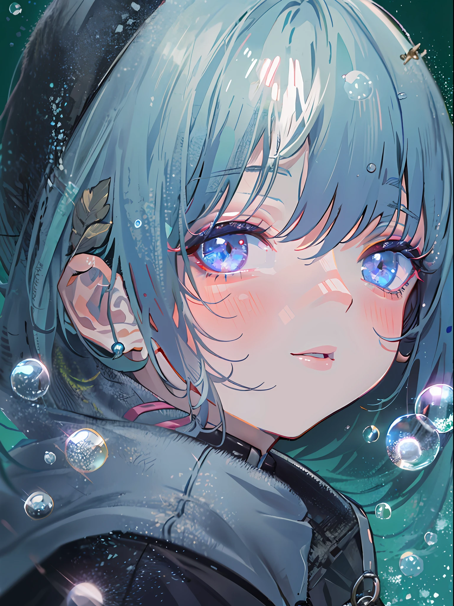 ((top-quality)), ((masterpiece)), ((ultra-detailliert)), (extremely delicate and beautiful), girl with, 独奏, cold attitude,((Black jacket)),She is very(relax)with the(Settled down)Looks,A dark-haired, depth of fields,evil smile,Bubble, under the water, Air bubble,bright light blue eyes,Inner color with black hair and light blue tips,Cold background,Bob Hair - Linear Art, shortpants、knee high socks
