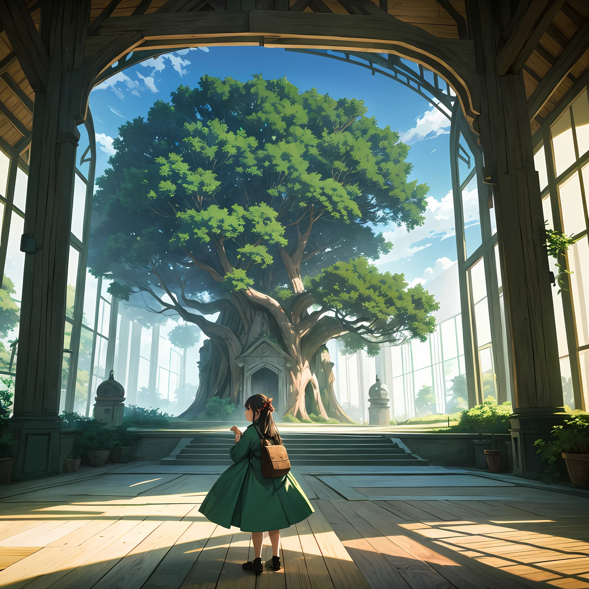 Anime girl in green dress standing in front of a tree, 2. 5 d cgi anime fantasia arte, anime scenery concept art, a maid in a magical forest, bela cena de anime, studio glibly makoto shinkai, beautiful anime scenery, ( ( Makoto Shinkai ) ), filme de anime ainda, beautiful render of a fairytale, cena de anime, arte de fundo do anime