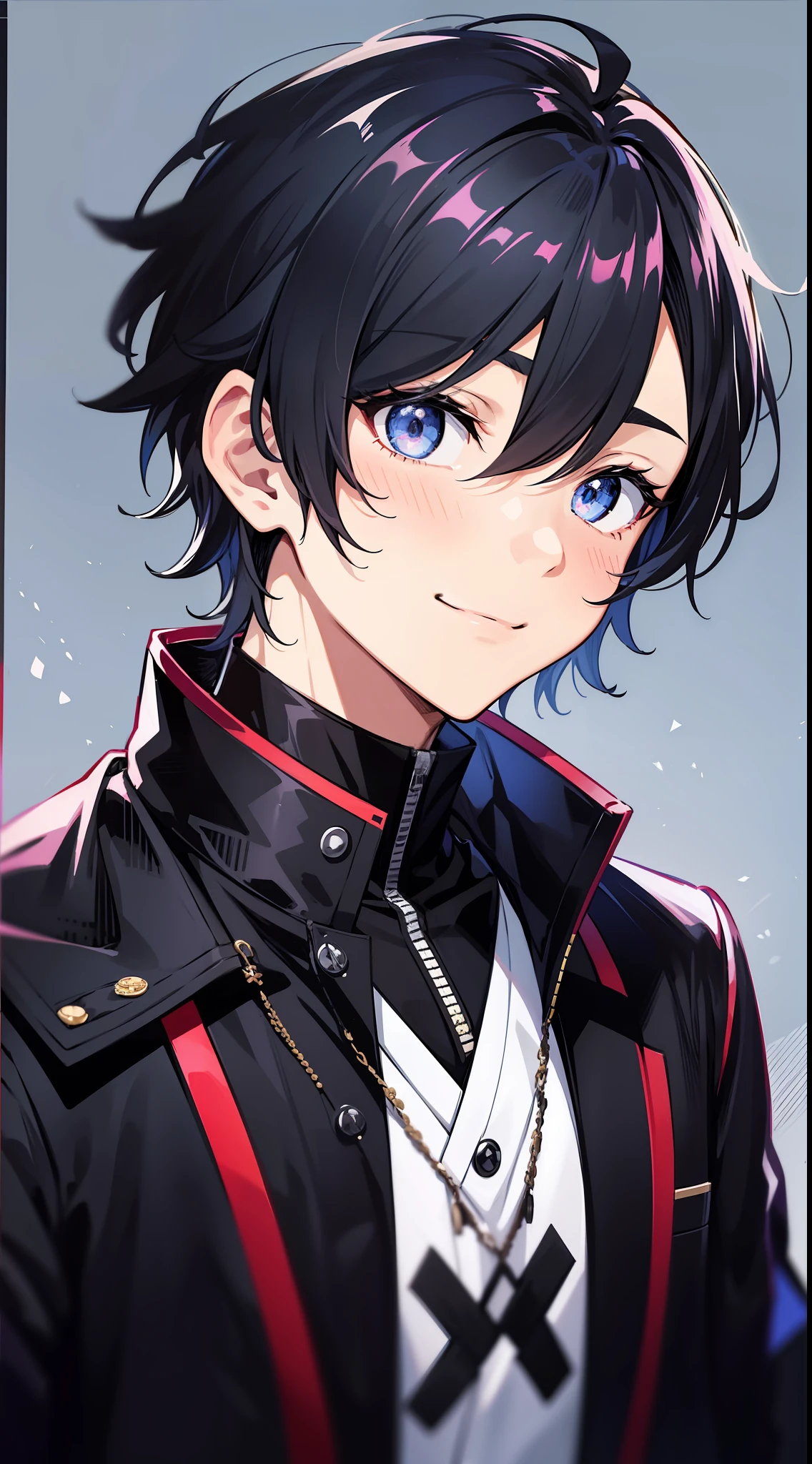 Black jacket, a character portrait inspired by Hisui Sugiura, Tumbler, shin hanga, a handsome man,Black short hair, boy has short black hair, a smile, made with anime painter studio, young anime man, anime moe art style, live2d virtual youtuber model, Stylized anime