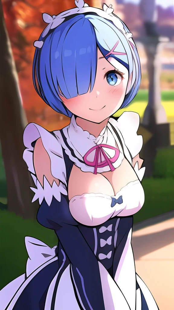 remrezero, 1girl, solo, breasts, looking at viewer, blush, smile, short hair, blue eyes, hair ornament, ribbon, blue hair, outdoors, detached sleeves, hair over one eye, maid, maid headdress, x hair ornament, pink ribbon, roswaal mansion maid uniform, photo background