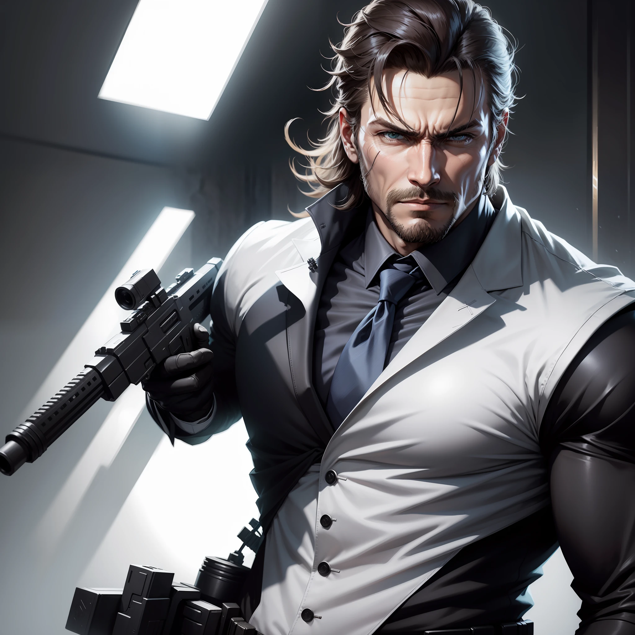 Alafed image of a man in a suit with a gun, Portrait of a character inspired by Bojidaryakatsu, trending on polycount, shin hanga, snake from metal gear, Portrait of Adam Jensen, jetstream sam from metal gear, Sean Connery(big boss), big boss, solid snake, metal gear solid style, Solid Snake in a white shirtﾈPortrait with tie