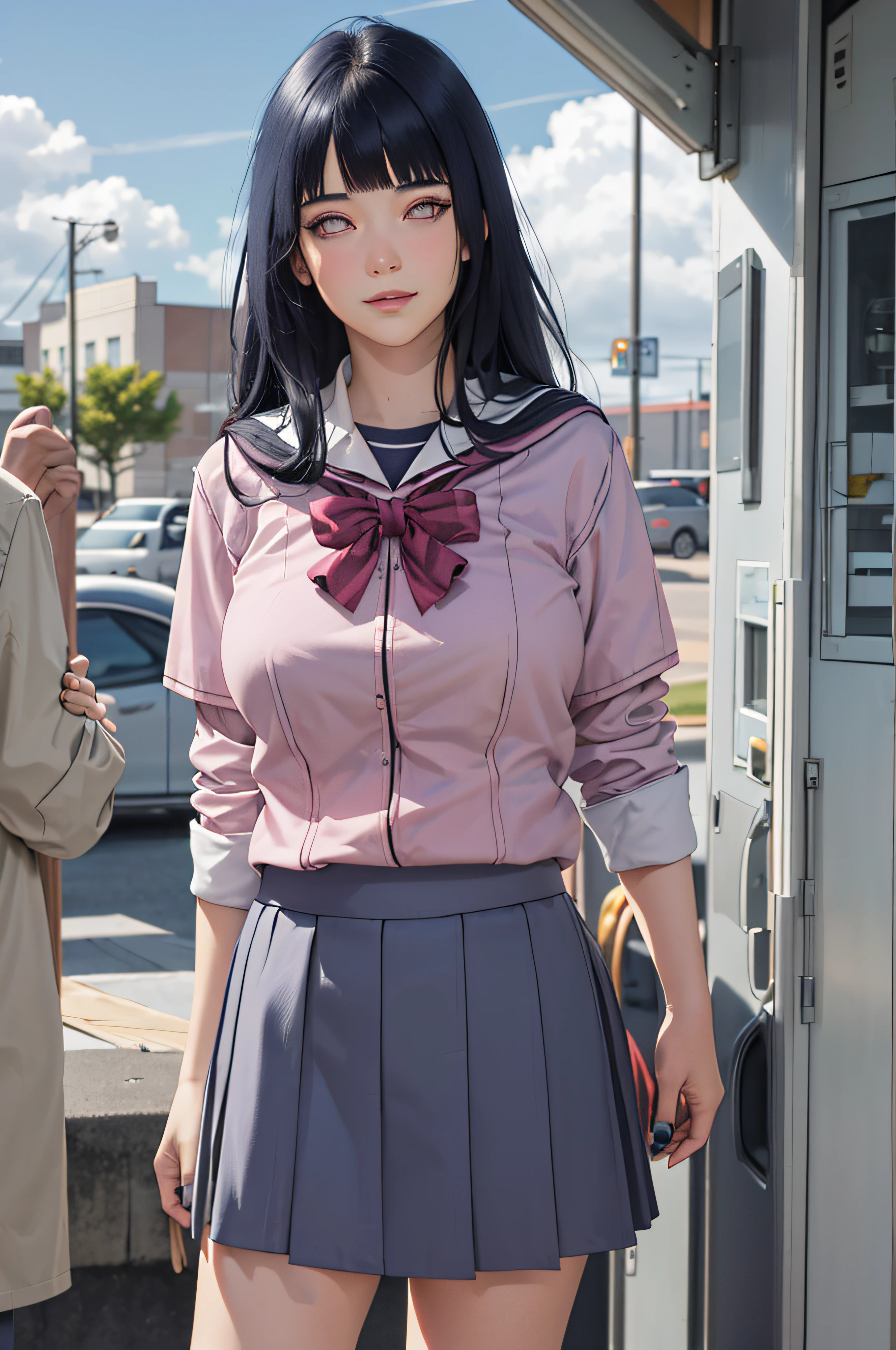 masterpiece, hinata\(boruto\), 1girl, solo, young female, ((((high school uniform)))), (high School), outdoors, looking at viewer, cloudy sky, perfect composition, detailed lips, school building, big breast, beautiful face, body propotion, blush, (pink lips), ((long hair)),  purple eyes,  soft gaze, sad smile,  super realistic, detailed, photoshoot, realistic face and body,  realistic hair, realistic eyes, realistic nose, realistic lips, (((dark blue hair))), 19 years old girl,  flowing skirt