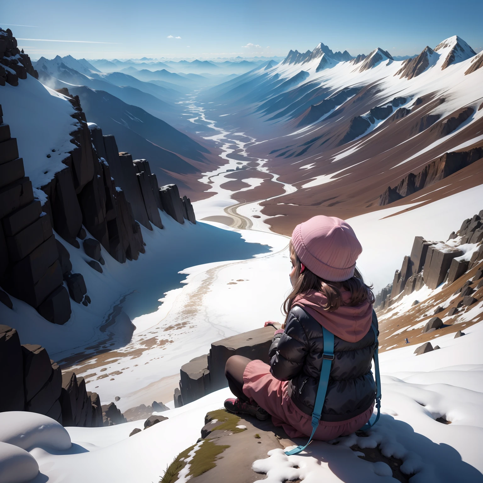 little girl back lookingdown chill niceview mountain