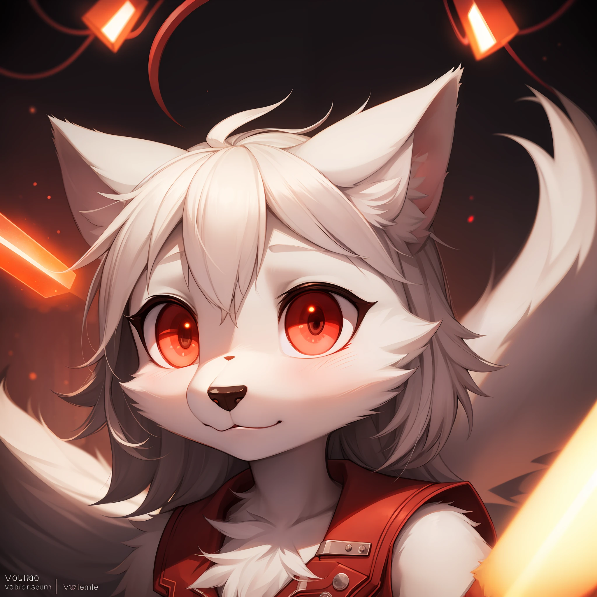 furry, white fur, ultra cute face, red elements on fur, beautiful lights and shadows, ambient light, ultra detailed fur, volumetric light