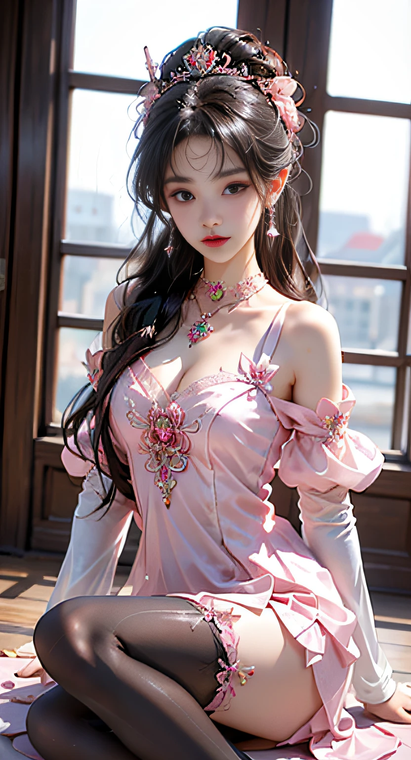 ung queen,(((Wearing a pink lace top))),Pink clothes,a Chinese-style dress,Ancient costumes often have phoenix motifs,Spotlessly clean pink white face,Black hair that is hip-high,Very nice sharp brown eyes,Small red lips,Painted lips,attractive smile,Jewelry is worn around his neck,耳Nipple Ring,Teeth are white and even, a tall nose,big round breasts,the girl's body is covered with water on chest,delicate leg,thin mesh black socks,sportrait,most realistic,HighestQuali,best pixels,8K Ultra,