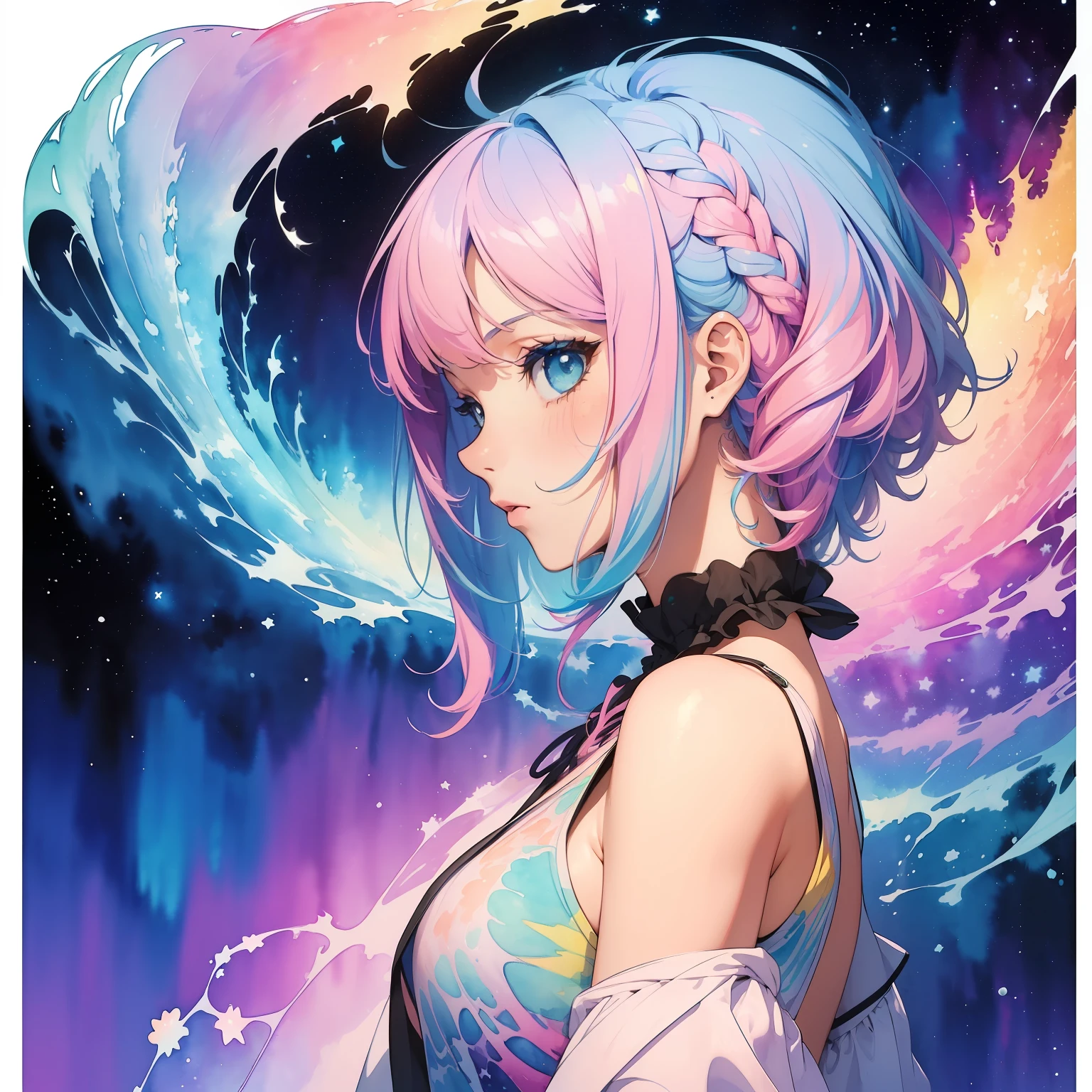 (masterpiece, top quality, best quality,watercolor (medium),official art, beautiful and aesthetic:1.2),(1girl:1.3), (fractal art:1.3),upper body, from side, looking at viewer,patterns,(rainbow color Hair,colorful hair,half blue and half pink hair:1.2),water,liquid, cloud,colorful, starry,stars,