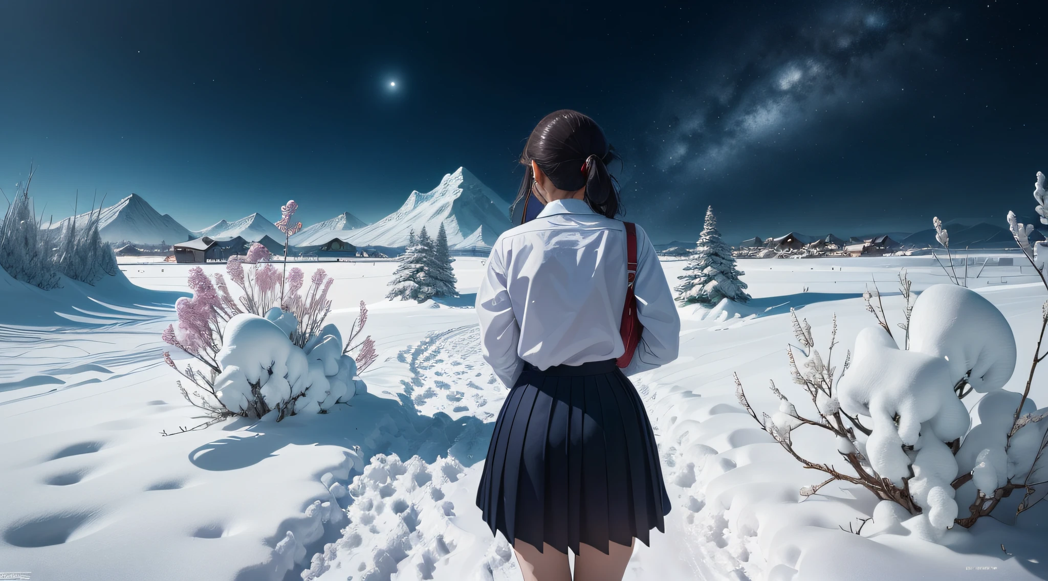 (masterpiece), (best quality), (ultra-detailed), (Amazing:1.1), 12mm f2.8 lens, morning, ((((full body), back shot))), A school girl buy the flowers in a small village with odd shaped houses, The road is decorated with many glasswork, (((a beautiful small surreal village at the foot of the snowy mountains))), ((((A high school girl with a full body back shot)))), bright light angel ladder, (((((without looking at me))))), ((A beautiful high school girl lost in a surreal world)), (17 yr old), spiral, wind flow, flowers bloom, (((wearing simple school uniform))), black hair, 8 life size, detailed hairstyles, detailed bodyline, (((fantasy))), flying jewels, frontier, (((surrealism world))), (magnificent space), concept art, raw, wallpaper, poster, sharp focus, hyperrealism, crystalline, perfectionism, 4k UHD,