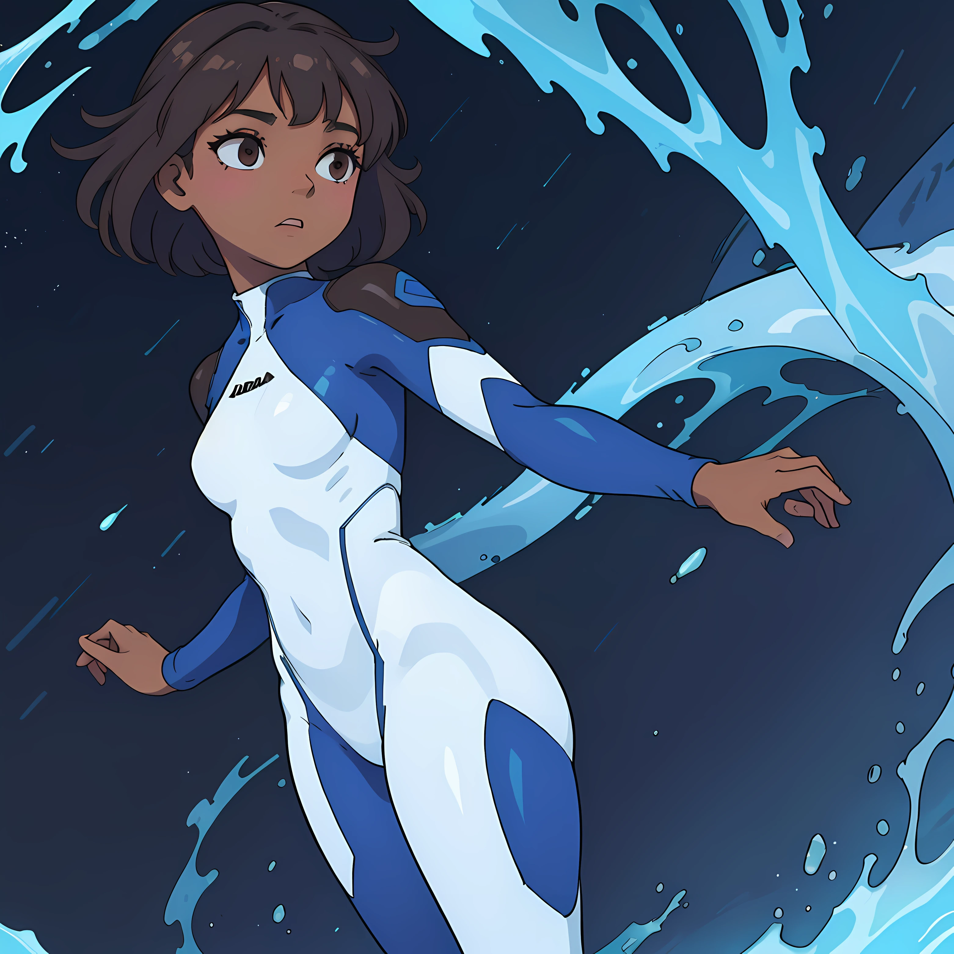 a beautiful woman with short, brown hair and dark brown skin in a white and blue body suit - more suit options