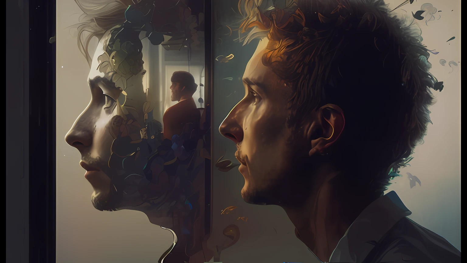There's a man looking at himself in the mirror, inspired by Adam Marczyński, retrato vfx altamente detalhado de, clube da luta, Arte digital realista 4K, Arte digital realista 4K, Retrato VFX altamente detalhado, arte do perfil lateral, arte do photoshop, reflection, Beeple e Alphonse Mucha, realistic reflection, photo manipulation, Cinematic realistic portrait