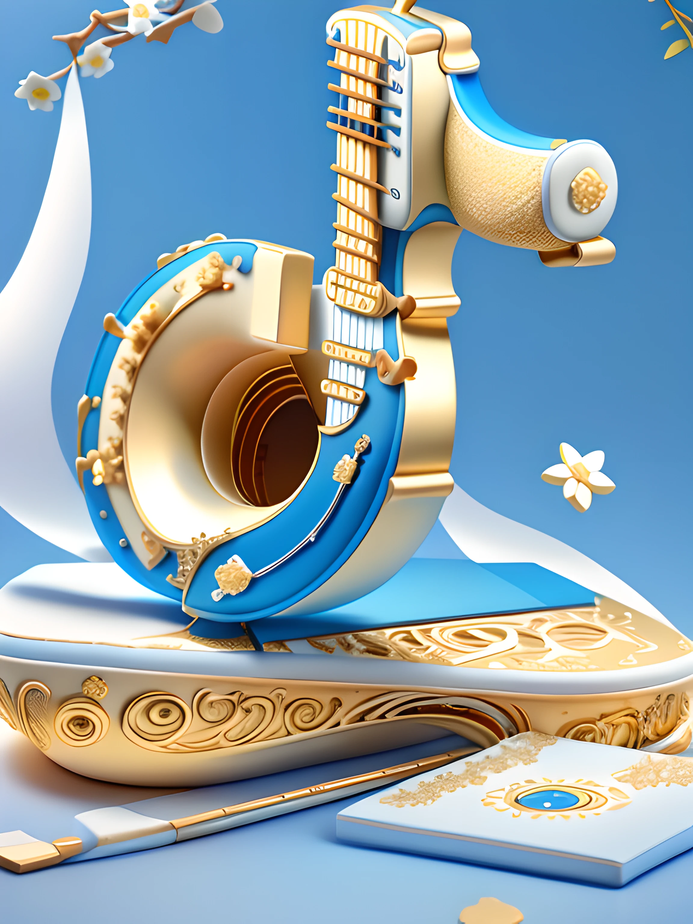 morandi color,blue white colors,,blue backdrop,starrysky:2,Golden curves,TikTok symbols(Internal guitar,microphones,Kim Violin,Golden magnolia flowers:2,Golden Bamboo),Gold plastic armor,Funeral style,Xianxia TV series