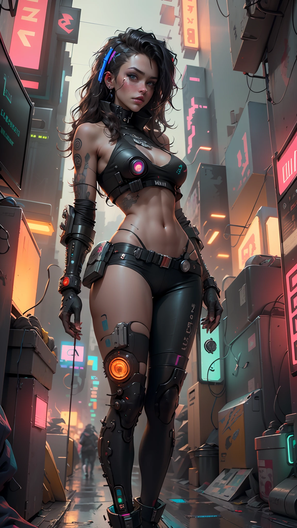 ((Best quality)), ((masterpiece)), (highly detailed:1.3), 3D, beautiful (cyberpunk:1.3) hacker woman with thick voluminous hair operating a computer terminal
