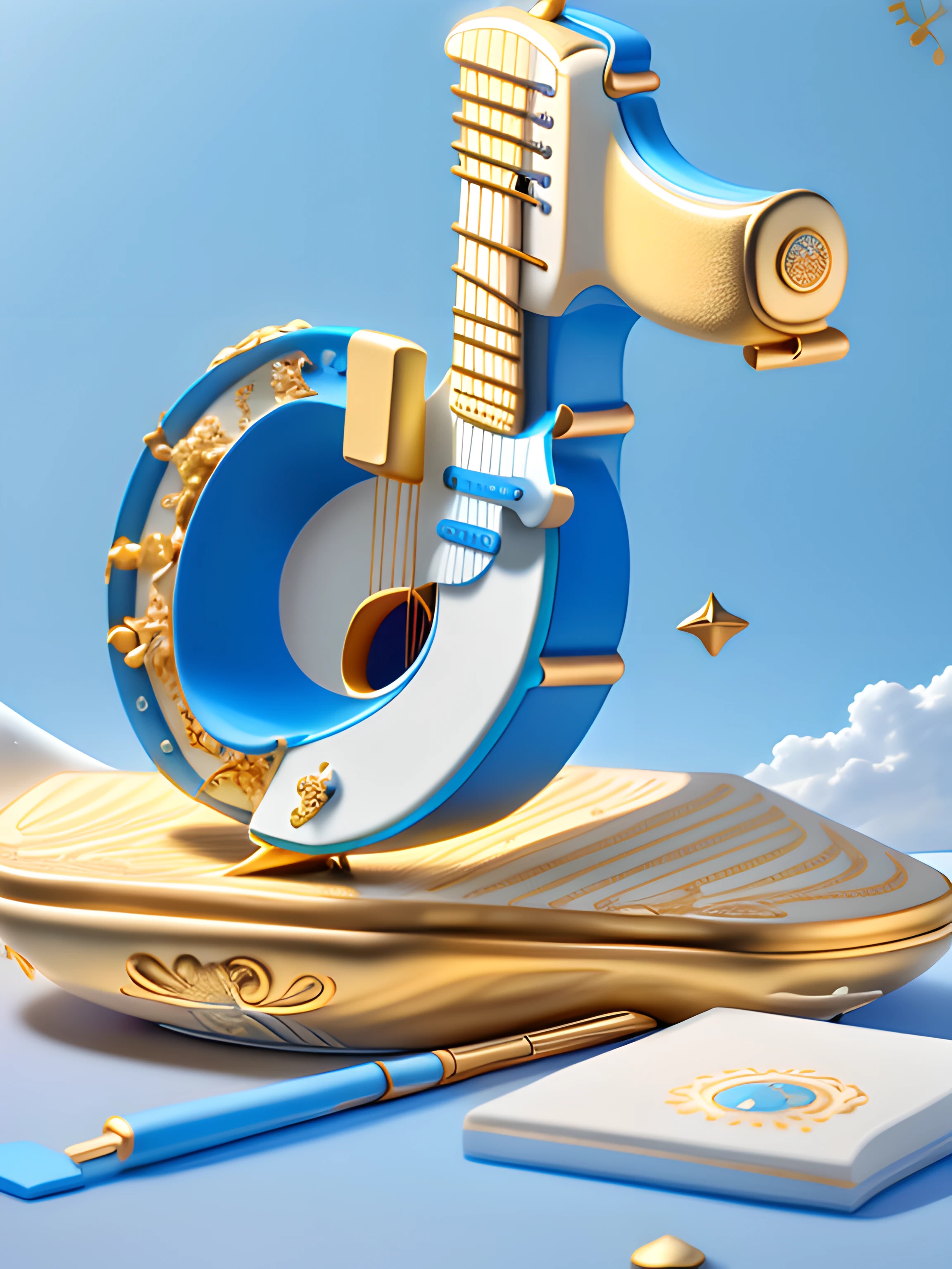 morandi color，blue white colors，,blue backdrop，starrysky:2,Golden curves,TikTok symbols（Internal guitar，microphones，Kim Violin，Golden magnolia flowers:2，Golden Bamboo），Gold plastic armor，Funeral style，Xianxia TV series