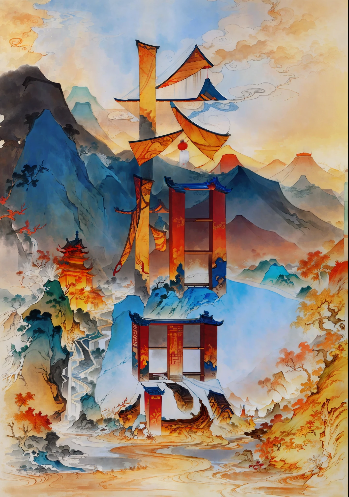 Ancient Chinese landscapes, ancient buildings, pavilions, carved beams and painted buildings, beautiful mountains and rivers, inspired by Jin Yong martial arts, sunlight, ink painting style, clean colors, decisive cutting, blank space, freehand, masterpiece, super detailed, epic composition, high quality , highest quality, pixar style, oversaturated, surreal, artgerm --v 6