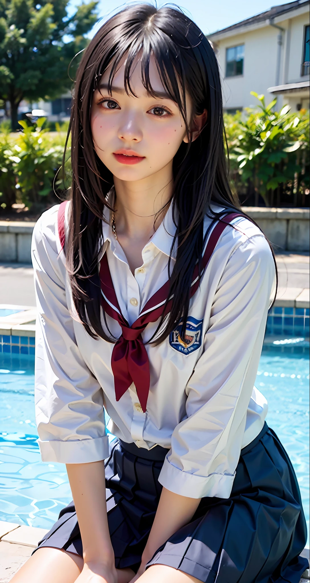 (((top-quality、​masterpiece))、Raw photography、8K、top-quality、 超A high resolution、Beautiful face in every detail、Realistic human skin、Gentle expression、front-facing view、Farbe々From an angle、length hair、realisitic、Photorealsitic、cute little、a short skirt、cute school girl、Japan schoolgirl wearing uniform、Surreal High School Girl、blue-sky、outside of house、in poolside、wrist watch、