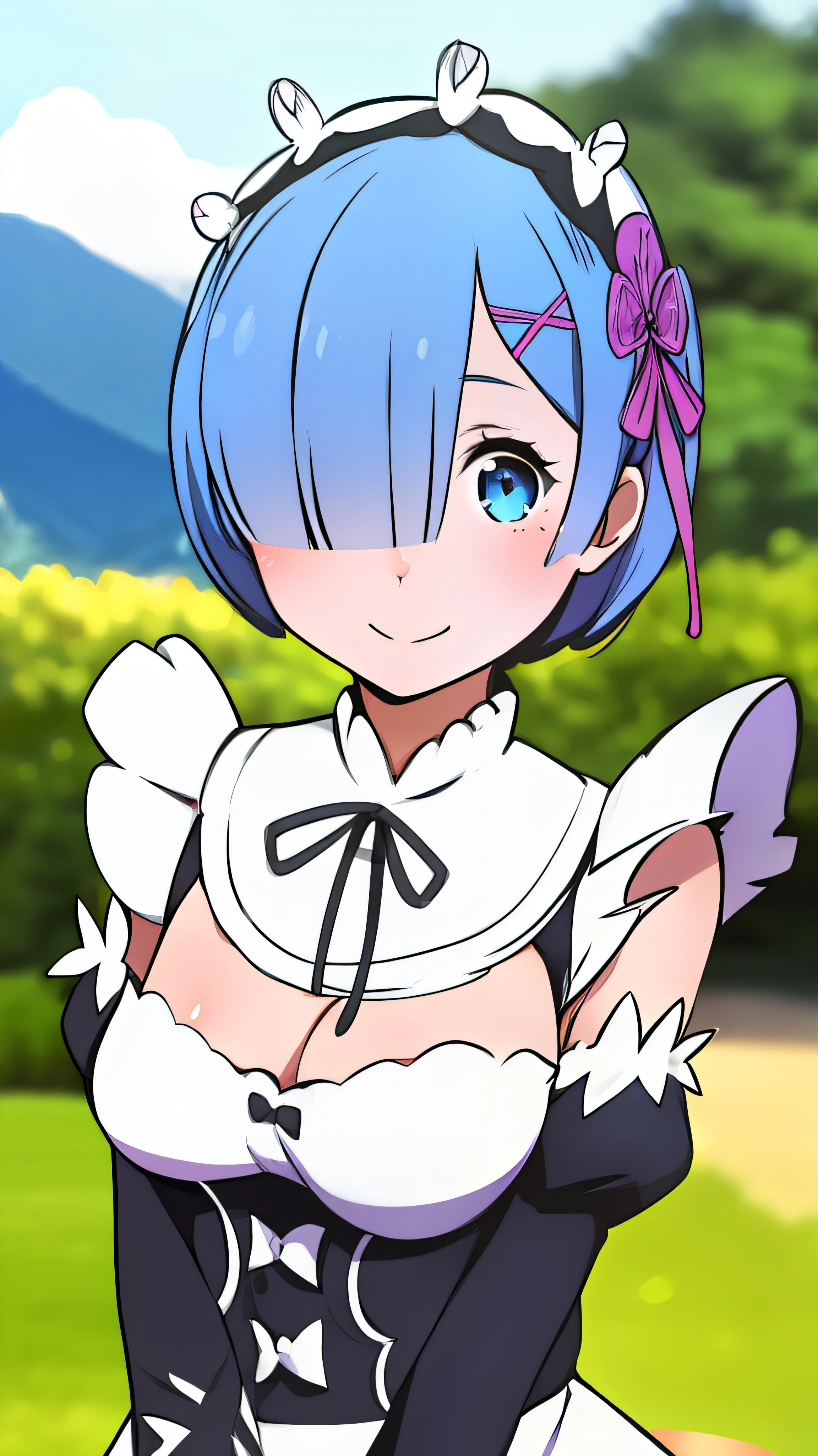 remrezero, 1girl, solo, breasts, looking at viewer, blush, smile, short hair, blue eyes, hair ornament, ribbon, blue hair, outdoors, detached sleeves, hair over one eye, maid, maid headdress, x hair ornament, pink ribbon, roswaal mansion maid uniform, photo background