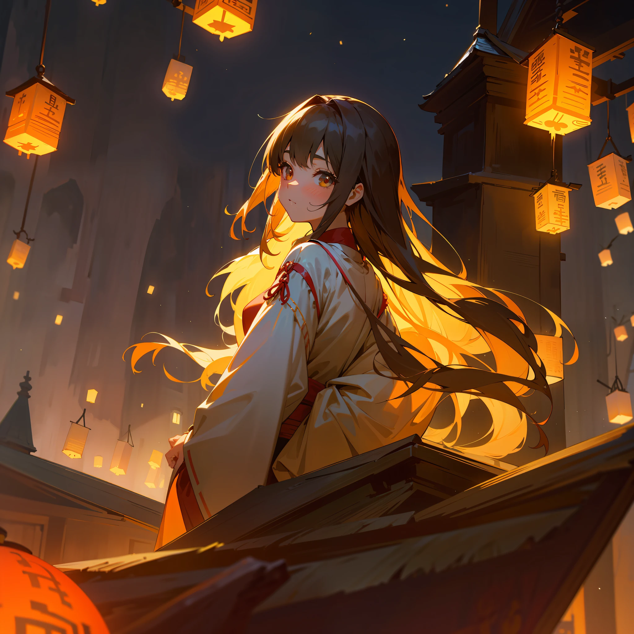 ancient wind、period costume、ancient buildings、A girl with long hair sat in the attic with her back to me and looked back、The background is a group of brightly lit ancient attics under the night view、There are also Kong Ming lanterns floating in the night sky