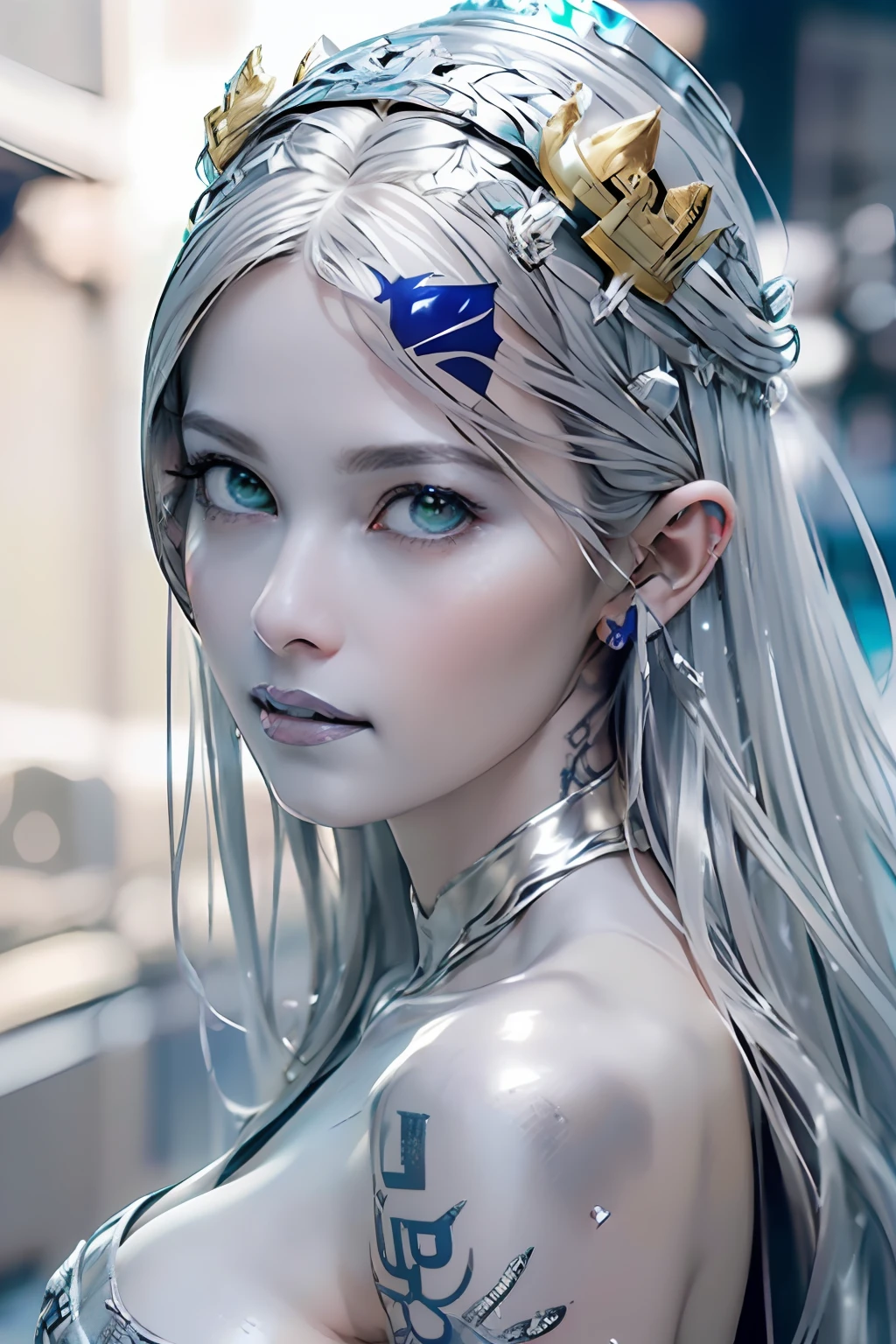 Ultra-detailed complex 3D rendering of the face, (masterpiece, top quality, octane rendering,), glamour shots full body image, very beautiful young elves, cleavage, (highly detailed skin: 1.2), (exposure: 1.1), ((blue micro bikini: 1.95)))). , 8k, (((very soft breasts)), (((conspicuous large pink areola)), beautiful Caucasian woman with white skin with full soft breasts with big buttocks, one, long braided hair, big breasts, dynamic angles, (((huge breasts: 2.4)), ultra-realistic photos, ((((((silver hair)))), futuristic urban background, facial muscles, (((((detailed and glamorous silver crown)))), In the style of Marvel Comics, ArtStation Trends, Clear Focus, Intricate Details, Very Detailed, Detailed Green Eyes, Sharp Focus, Digital Rendering, Professional, Abs, Lip Gloss, Glossy Skin, Sexy Pose, Golden Tattoo All Over Body, Silver Pattern All Over Body, Silver Lame Skin, Gold Glitter Skin, Mansuji, Buttocks, Jeweled All Over the Body, with silver scales, silver hair,
