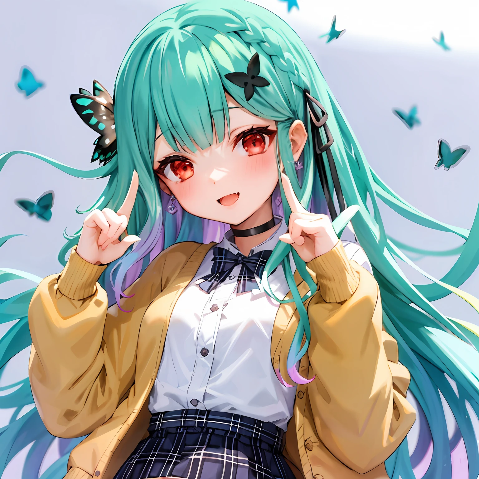 longrushia, Long hair, aqua hair, gradient hair,multicolored hair, Red eyes, hair ornaments, black choker, White shirt, brown cardigan, sleeves past fingers, plaid skirt,1女孩, 独奏,