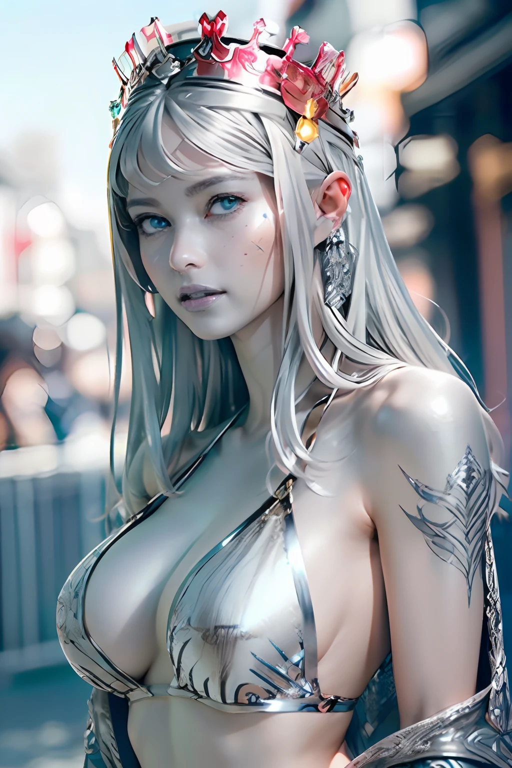 Ultra-detailed complex 3D rendering of the face, (masterpiece, top quality, octane rendering,), glamour shots full body image, very beautiful young elves, cleavage, (highly detailed skin: 1.2), (exposure: 1.1), ((blue micro bikini: 1.95)))). , 8k, (((very soft breasts)), (((conspicuous large pink areola)), beautiful Caucasian woman with white skin with full soft breasts with big buttocks, one, long braided hair, big breasts, dynamic angles, (((huge breasts: 2.4)), ultra-realistic photos, ((((((silver hair)))), futuristic urban background, facial muscles, (((((detailed and glamorous silver crown)))), In the style of Marvel Comics, ArtStation Trends, Clear Focus, Intricate Details, Very Detailed, Detailed Green Eyes, Sharp Focus, Digital Rendering, Professional, Abs, Lip Gloss, Glossy Skin, Sexy Pose, Golden Tattoo All Over Body, Silver Pattern All Over Body, Silver Lame Skin, Gold Glitter Skin, Mansuji, Buttocks, Jeweled All Over the Body, with silver scales, silver hair,