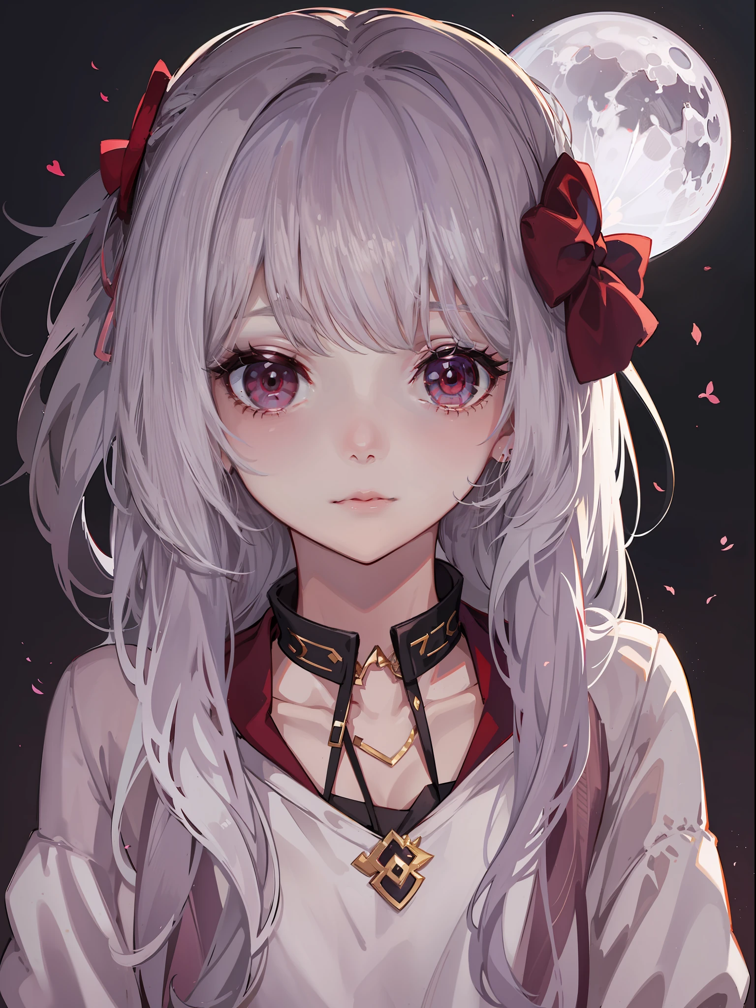 teens girl,White hair,Maroon eyes,Blackn clothes,exteriors,Full moon