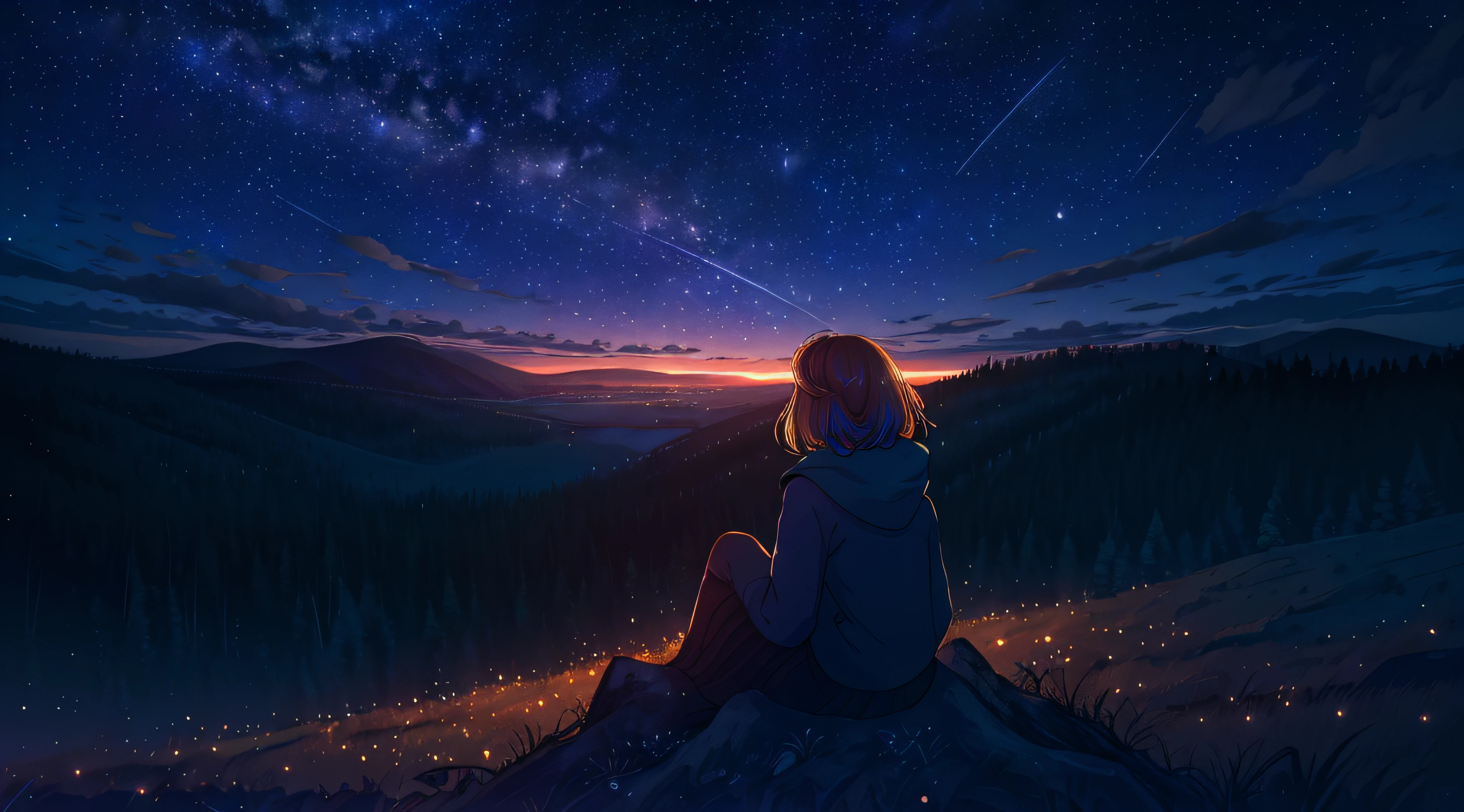 1girl sitting on a hill and looking up at a vibrant night sky of shooting stars, forest, moody, facing away, astrophotography, atmospheric moonlight, highres, distant city