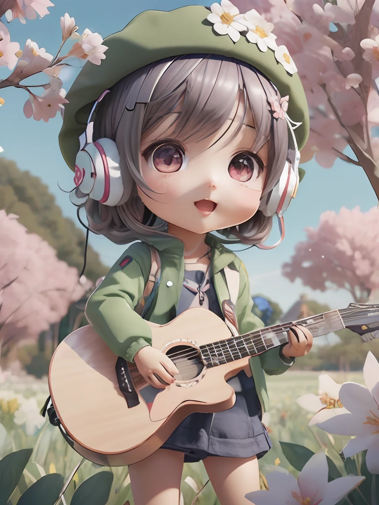 anime girl with guitar and headphones in field of flowers, Cute 3D anime girl rendering, cute 3 d render, kawaii realistic portrait, anime styled 3d, stylized anime, render of april, cute detailed digital art, guwiz style artwork, realistic anime 3 d style, 3d anime girl, in anime style. 8K