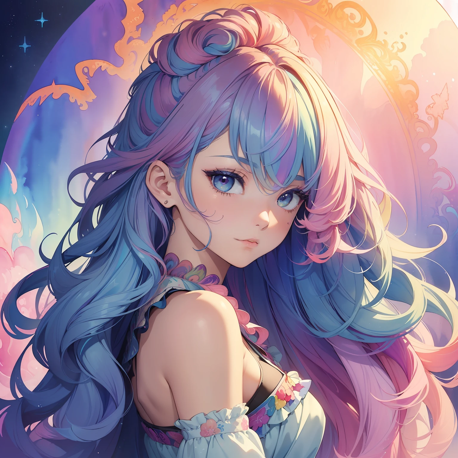 (masterpiece、top-quality、top-quality、watercolor paiting(Curly)、Official Art、Beautifully Aesthetic:1.2)、(1girl in:1.3)、(Fractal art:1.3)、The upper part of the body、from side、looking at the viewers、patterns、(rainbow-colored hair、colourful hair、Half blue and half pink hair:1.2)
