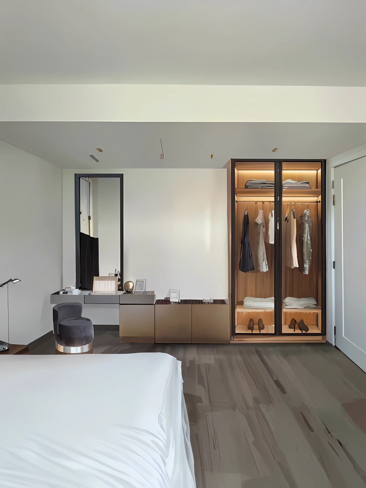 there is a bedroom with a bed, a mirror, and a closet, photorealistic room, elegant wardrobe, inside of a bedroom, natural light in room, a photorealistic rendering, realistic physical rendering, luxury condo interior, true realistic image, rendered in corona, interior of a small room, bedroom interior, rendered in unreal engine 6, inside a modern apartment