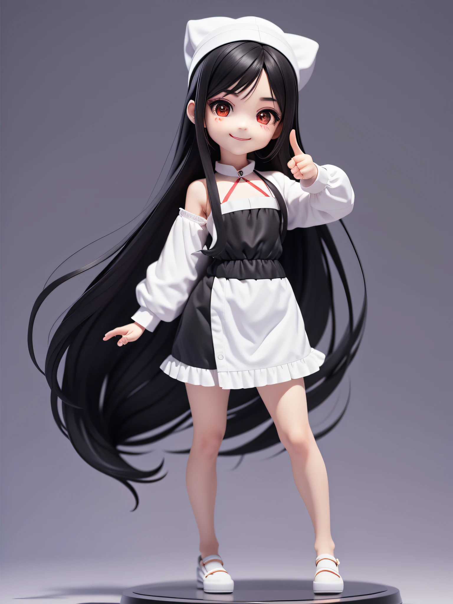(masterpiece)、(top-quality)、(Full body:1.2)、(Pointing the finger:1.2)、(A smile)Very cute and beautiful chibi anime girl, (long straight black hair), Black eye, (White cooking clothes:1.2), Simple flat background, Full body, is standing, Highly detailed face and eyes, Clearly outlined, Solo