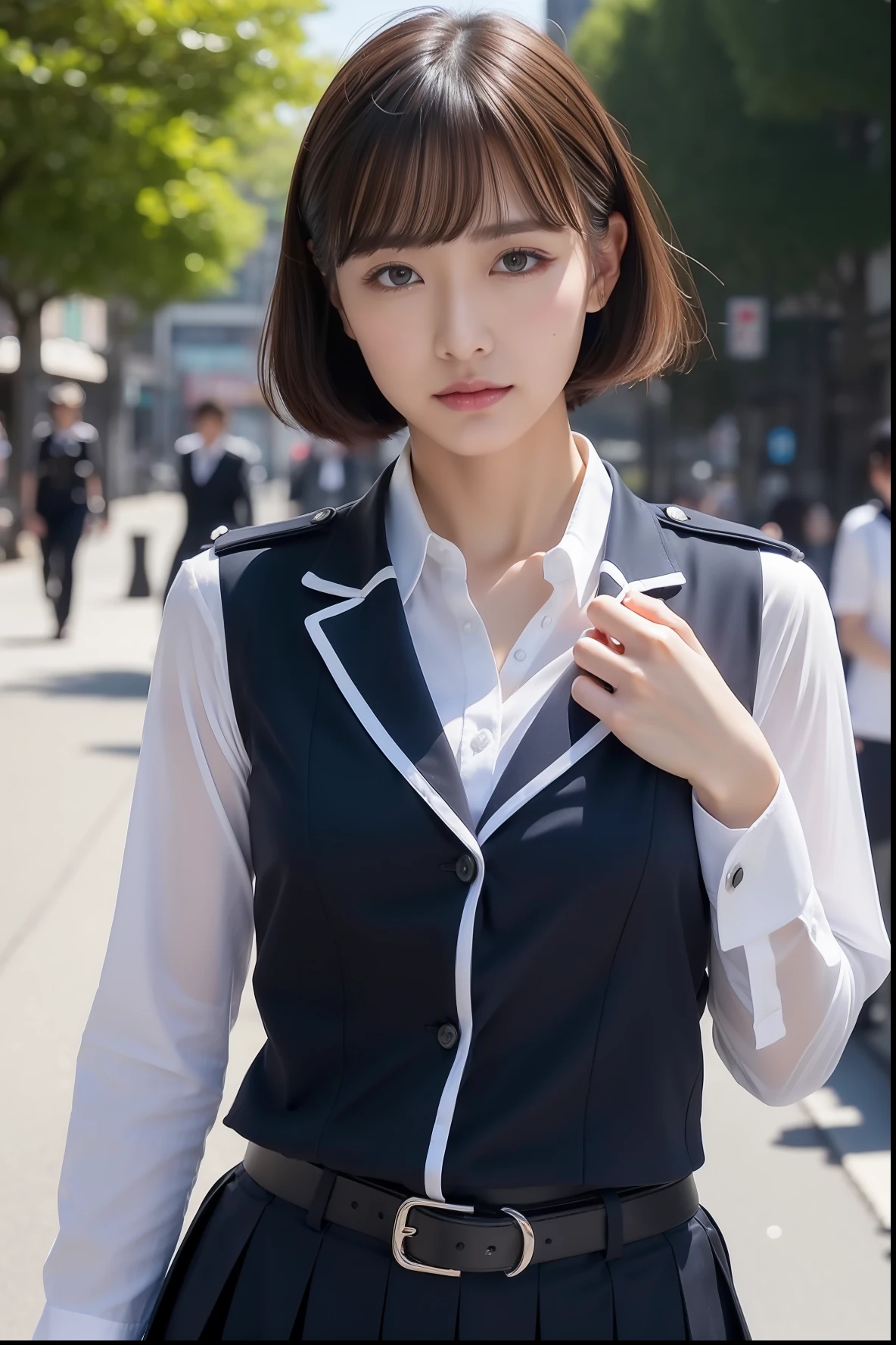 ((policewoman))、An unparalleled beauty who works for the police、Tokyo Street、((a miniskirt))、((The shirt is unbuttoned and the chest is open.))、((Revealing uniforms))、Short-cut hairstyles 、Women in Japan、Photorealsitic、Beautiful detailed eyes、Hyper-Realism、highcontrast、Ultra HD、realistic skin textures、Top image quality、top-quality、超A high resolution、Fine details、Very meticulously