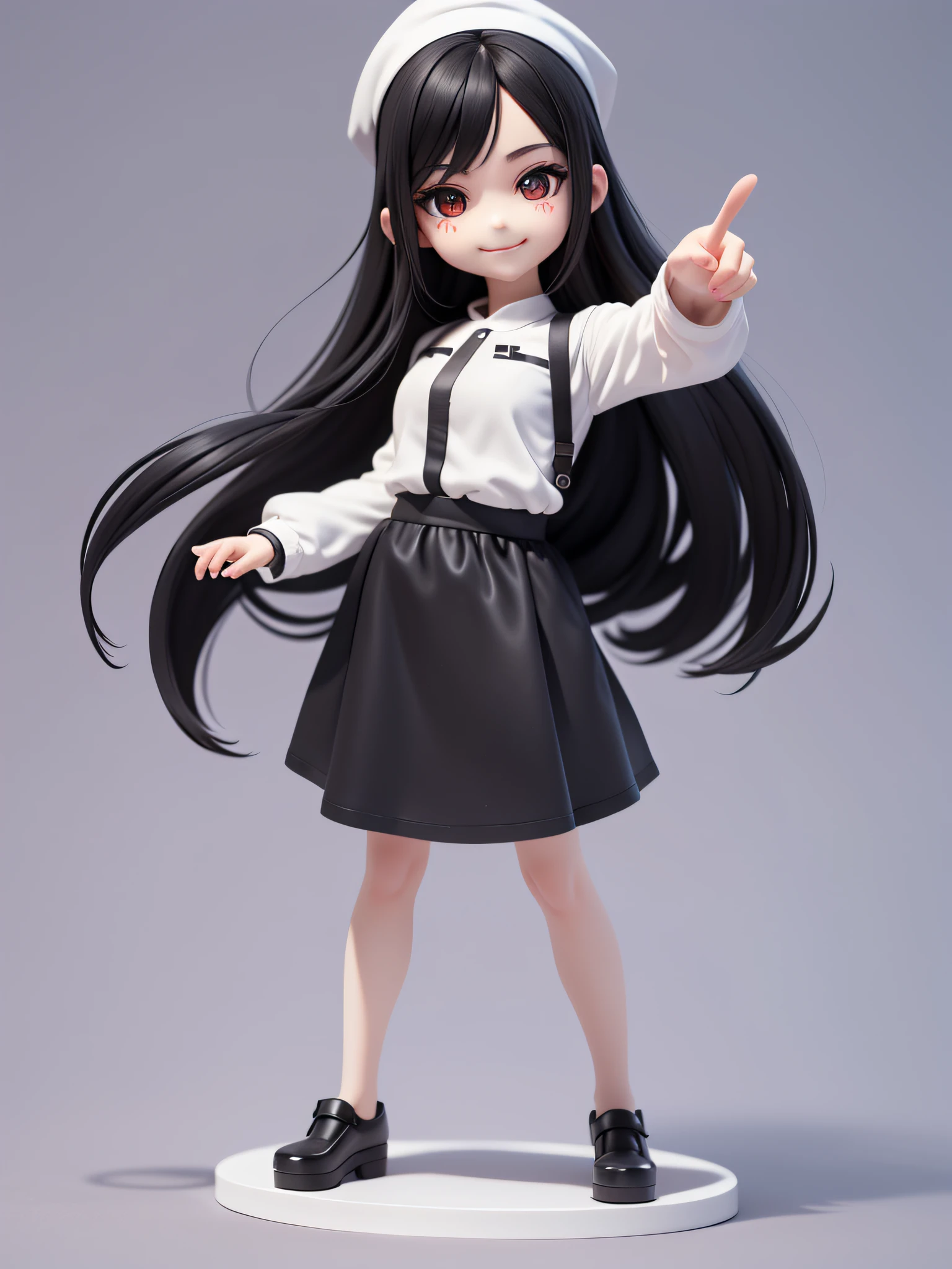 (​masterpiece)、(top-quality)、(Full body:1.2)、(Pointing the finger:1.2)、(A smile)Very cute and beautiful chibi anime girl, (long straight black hair), Black eye, (White cooking clothes:1.2), Simple flat background, Full body, is standing, Highly detailed face and eyes, Clearly outlined, Solo