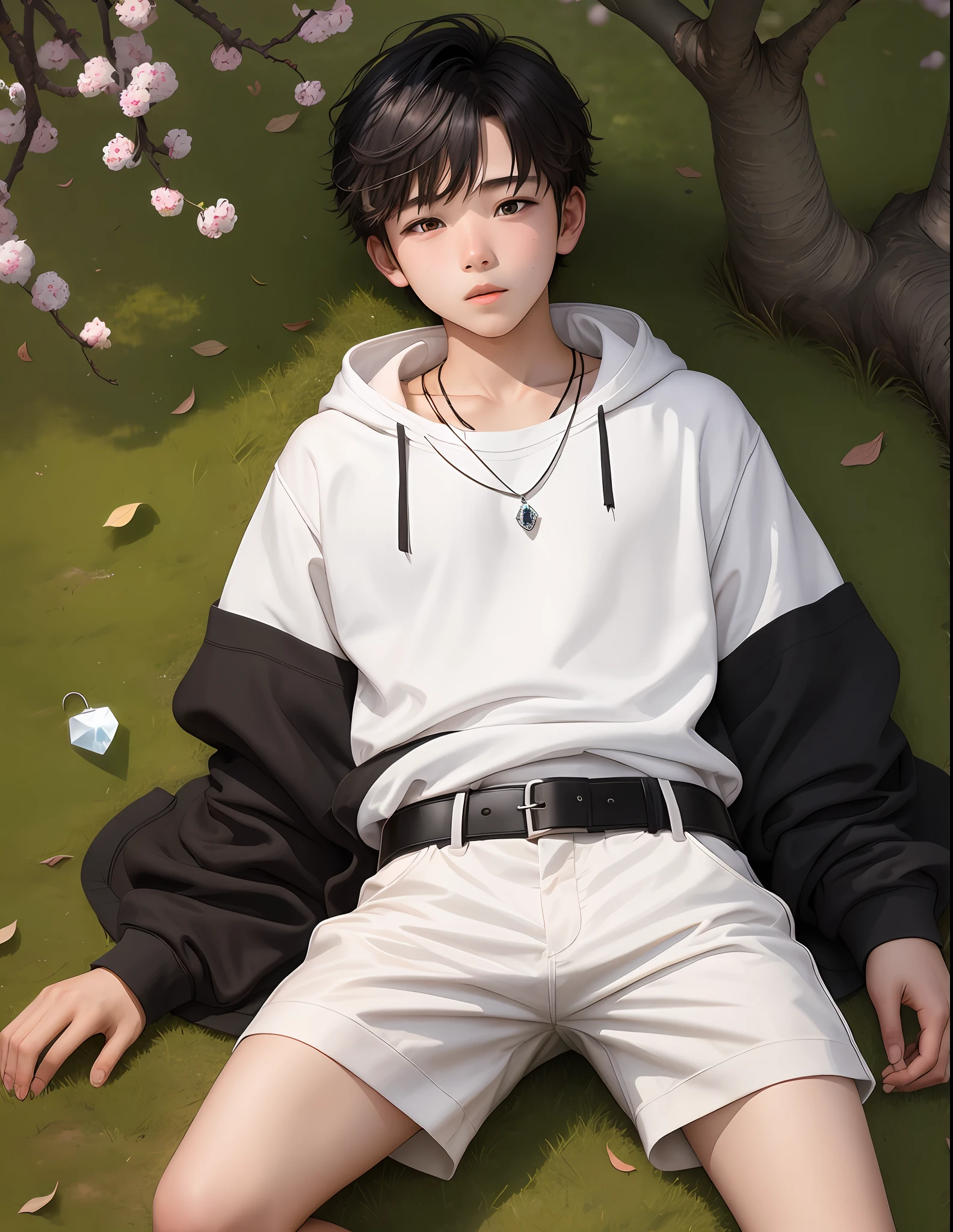 A  boy in the summer on a cherry tree lying on the ground with several cherry leaves he is wearing a white and black sweatshirt and he has a crystal stone necklace