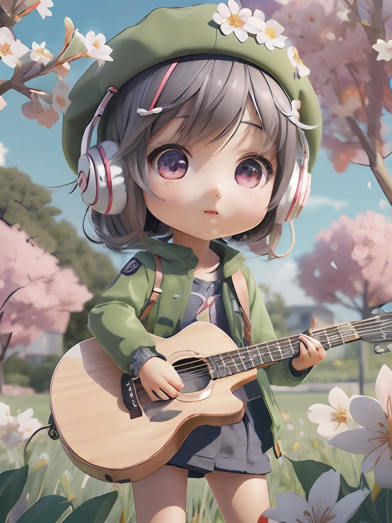 anime girl with guitar and headphones in field of flowers, Cute 3D anime girl rendering, cute 3 d render, kawaii realistic portrait, anime styled 3d, stylized anime, render of april, cute detailed digital art, guwiz style artwork, realistic anime 3 d style, 3d anime girl, in anime style. 8K