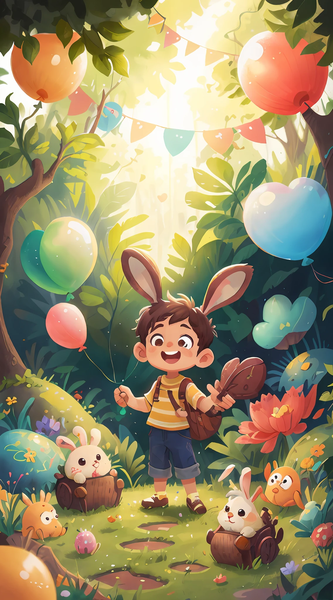 A boy, fantasy garden, many balloons, happy, happy, perfect quality, rabbit, clear focus (clutter-home: 0.8), (masterpiece: 1.2) (realistic: 1.2) (bokeh) (best quality) (detailed skin: 1.3) (intricate details) (8K) (detail eyes) (sharp focus), (happy)