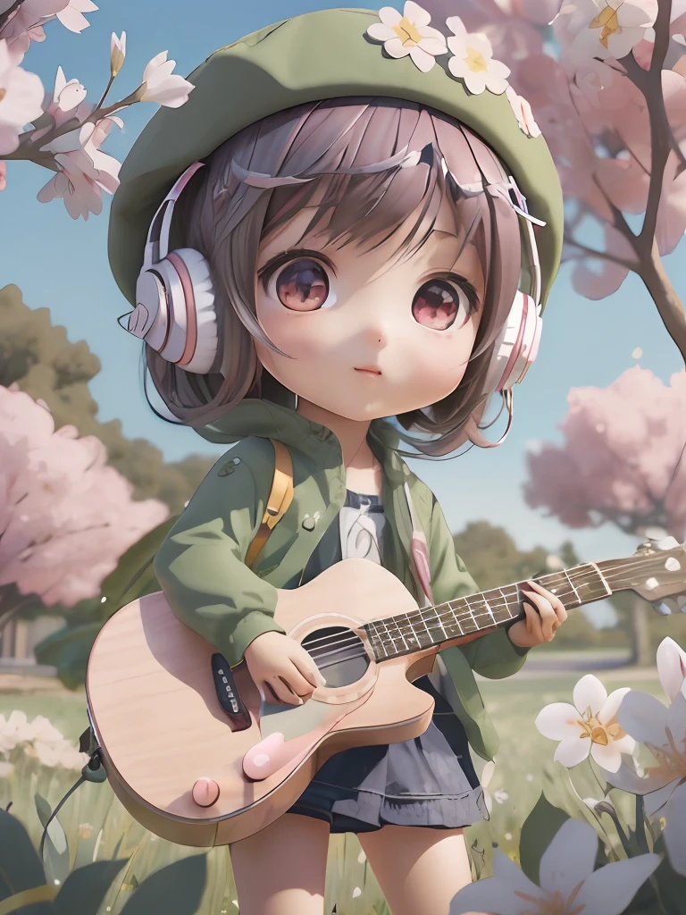 anime girl with  guitar and headphones in  field of flowers, Cute 3D anime girl rendering, cute 3 d render, kawaii realistic portrait, anime styled 3d, stylized anime, render of april, cute detailed digital art, guwiz style artwork, realistic anime 3 d style, 3d anime girl, in anime style. 8K