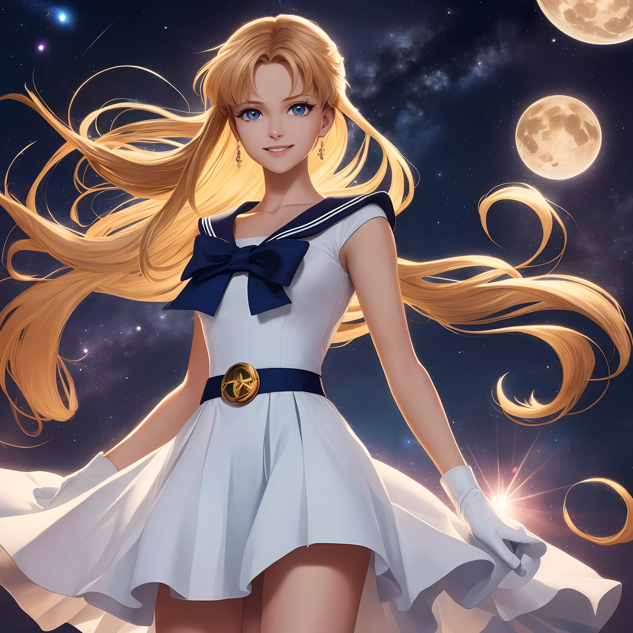 (Extreme detail CG Unity 8K wallpaper, masterpiece, highest quality), (exquisite lighting and shadow, highly dramatic picture, cinematic lens effect), (Sailor Moon: 1.1), charming smile, double tail, blue eyes, blond hair, tight top, white gloves, mini skirt, dynamic pose), the background is the universe (excellent detail, excellent lighting, wide angle), (excellent rendering, enough to stand out in its class), --auto