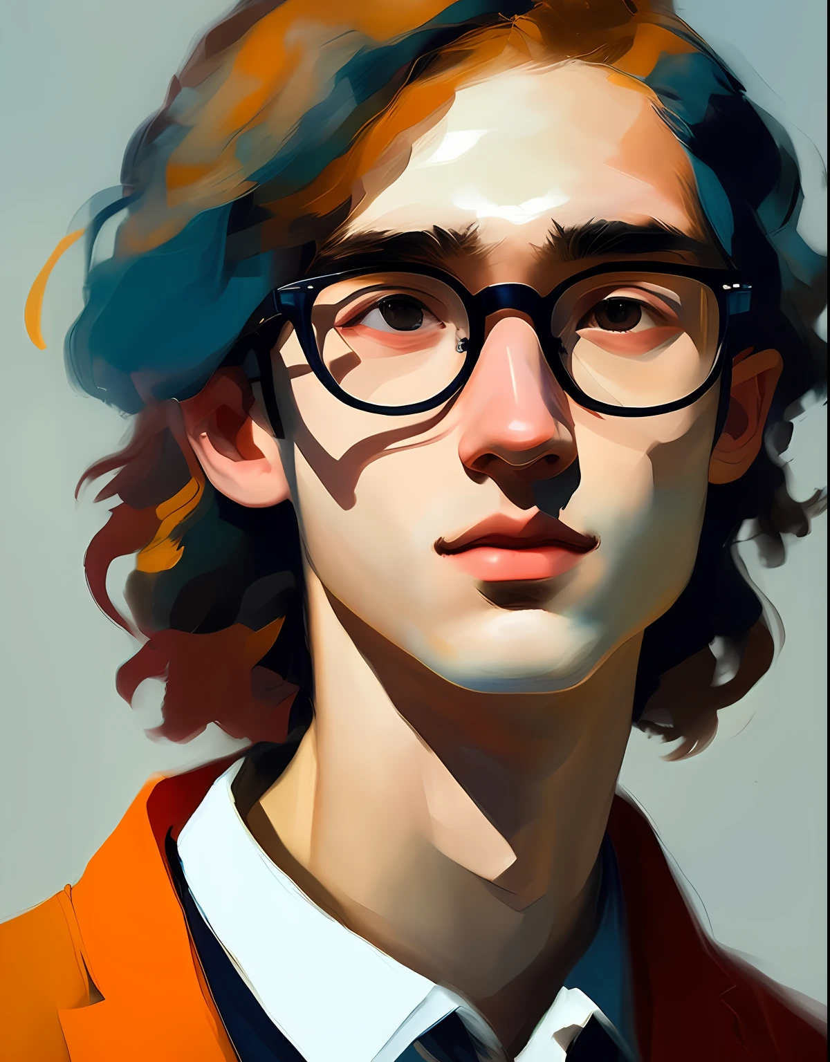 there is a man, Fauvist figure painting,Teenager with glasses，sideface ，bust，white backgrounid，Blurred face，a character portrait, artstation hd, Detailed painting, photo taken with provia, kodak portra, filmgrain, featured on unsplash, filmgrain, film view, photo taken with provia
