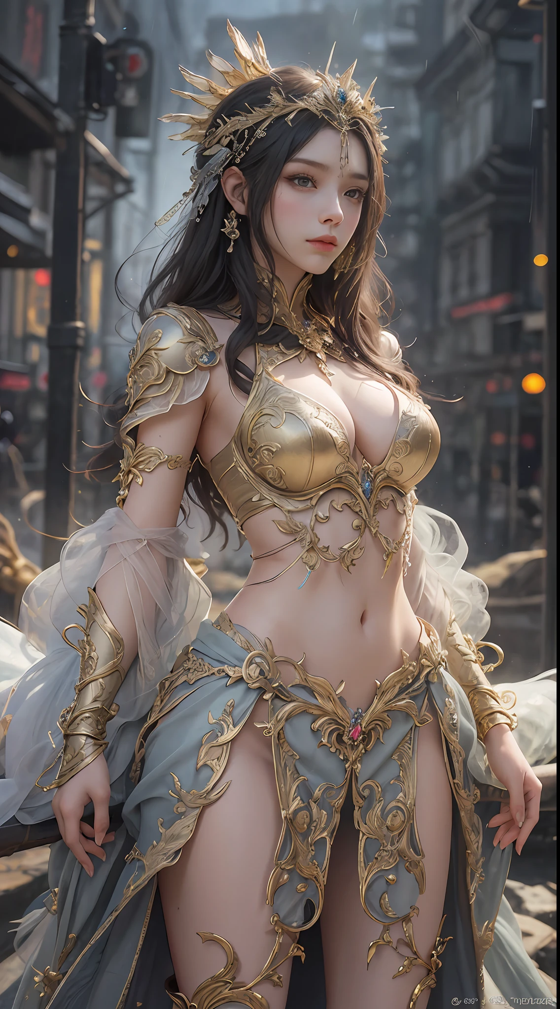 a woman in a gold dress, realistic Art Station, hard raining scene, Detailed Fantasy Art, Stunning Character Art, beautiful Exquisite Character Art, Beautiful gold Armor, Extremely Detailed, shining armor Girl, Exquisite Intricate Headdress and Jewelry, whole body capture,