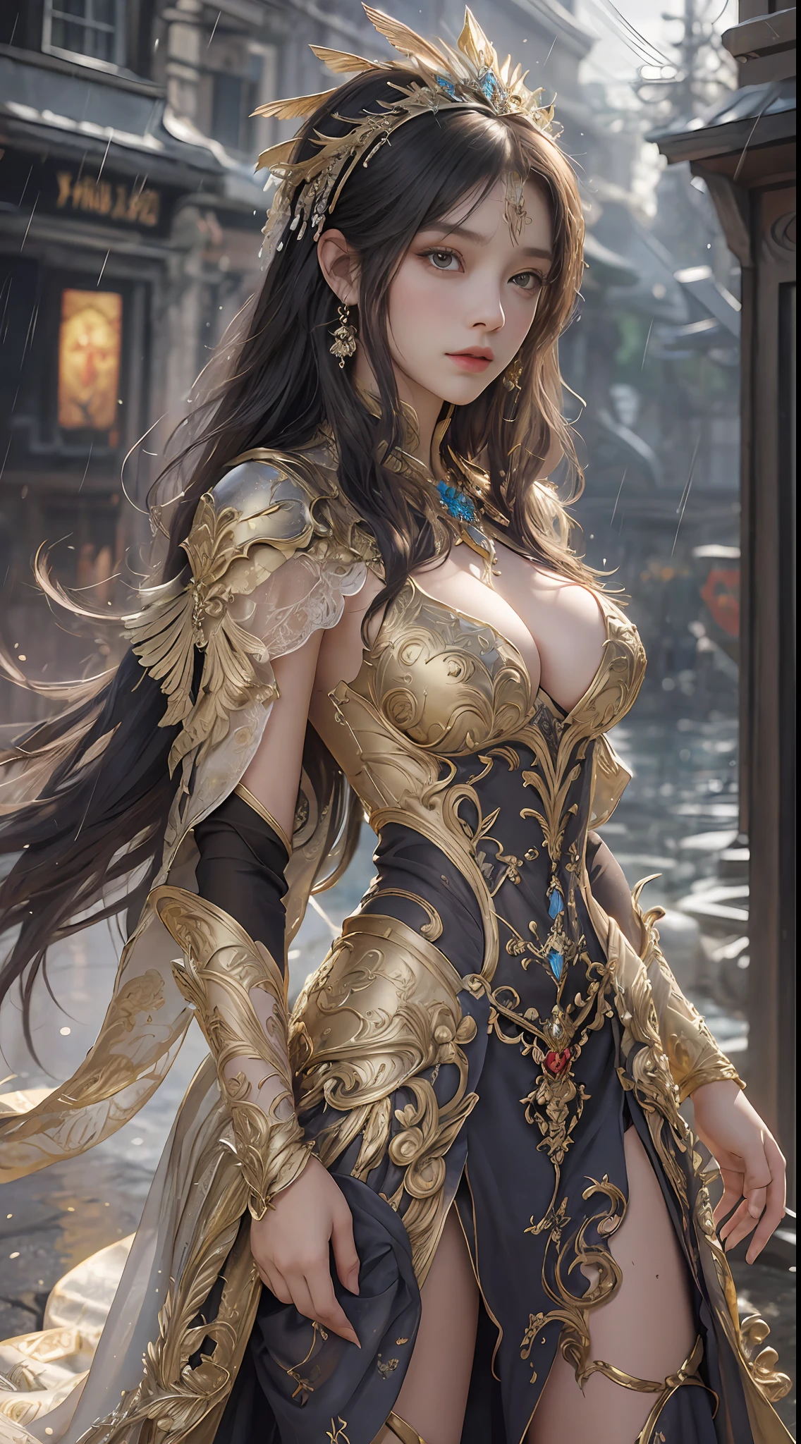 a woman in a gold dress, realistic Art Station, hard raining scene, Detailed Fantasy Art, Stunning Character Art, beautiful Exquisite Character Art, Beautiful gold Armor, Extremely Detailed, shining armor Girl, Exquisite Intricate Headdress and Jewelry, whole body capture,