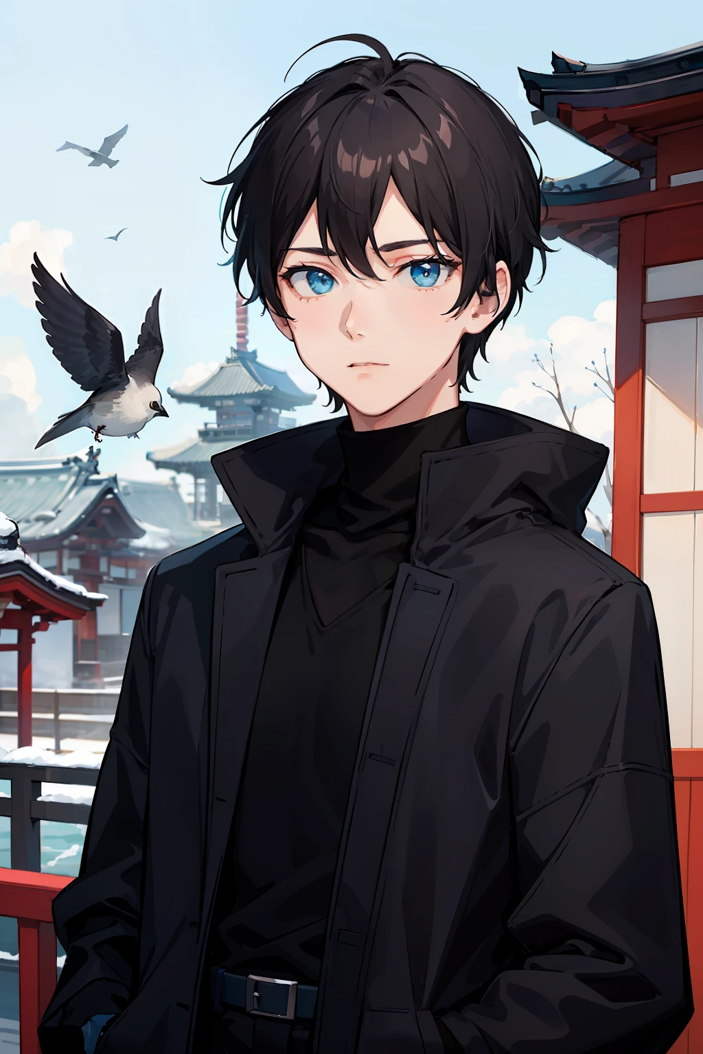 1boy, Black turtleneck on a boy, Light blue coat on the boy:1.3, woolen coat, gris | Green eyes, Dark brown hair, Looking at me, Sakura background, Japanese temple background, blue skies, birds in the sky