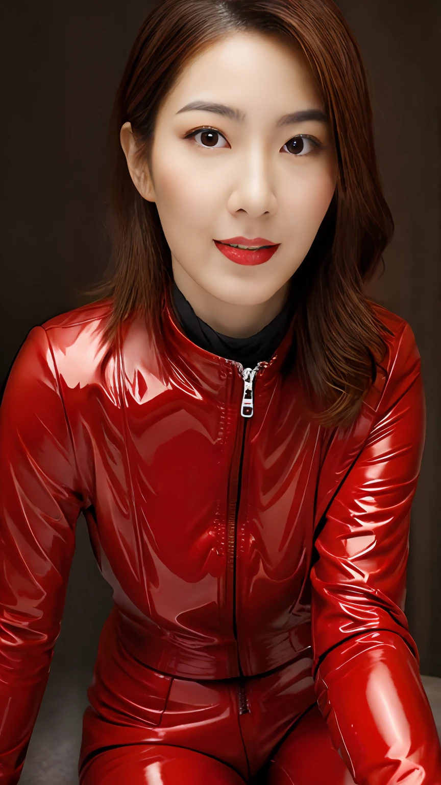 Japan woman in red latex suit posing for photo