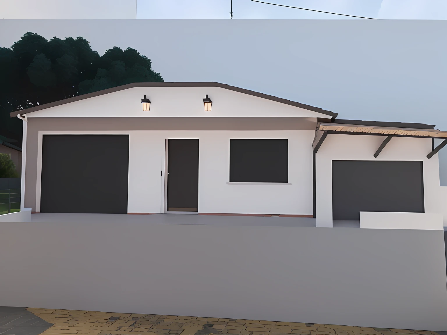 There is a drawing of a house with garage, telhado embutido, a portico, 3/4 view realistic, renderizar 3 d, altamente renderizado!!, 3d final render, Final 3D rendering, pre-rendered, 3D rendering, 3d final render, 3D-rendering, Modelo 3D renderizado, Processado, vue 3d render, 3D-rendering, 3D-rendering