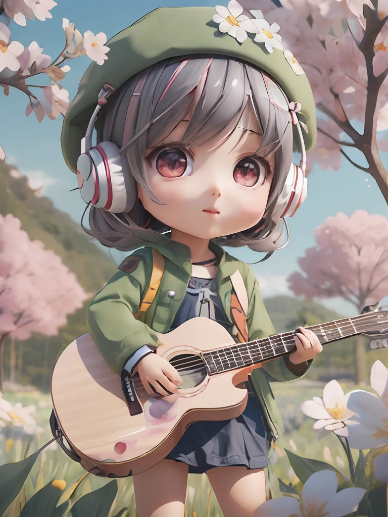 anime girl with guitar and headphones in field of flowers, Cute 3D anime girl rendering, cute 3 d render, kawaii realistic portrait, anime styled 3d, stylized anime, render of april, cute detailed digital art, guwiz style artwork, realistic anime 3 d style, 3d anime girl, in anime style. 8K