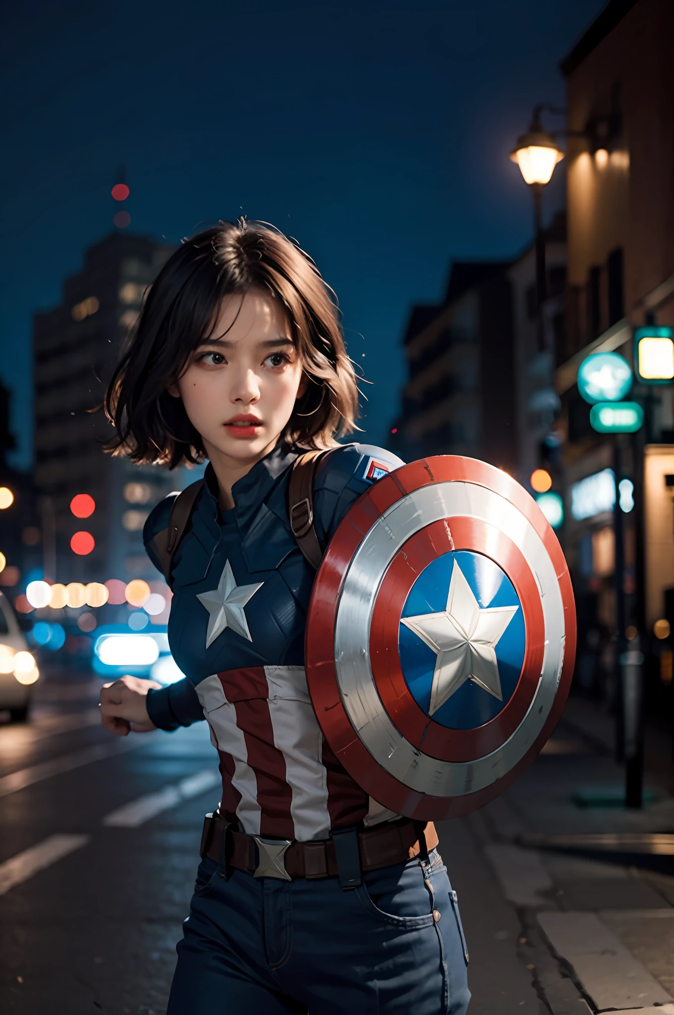 1girl, captain America, captain America girl, short hair, outdoor, night, dynamic pose, blackout