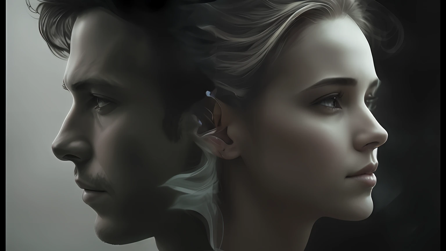 There is a man and a woman looking at each other, Retrato VFX altamente detalhado, retrato vfx altamente detalhado de, cinematic matte illustration, Cinematic realistic portrait, 4 k asymmetrical portrait, foto de retrato de pintura fosca, cinematic digital painting, cinematic contrasted lighting, Arte digital realista 4K, Arte digital realista 4K, realistic face moody lighting, 4k symmetrical portrait