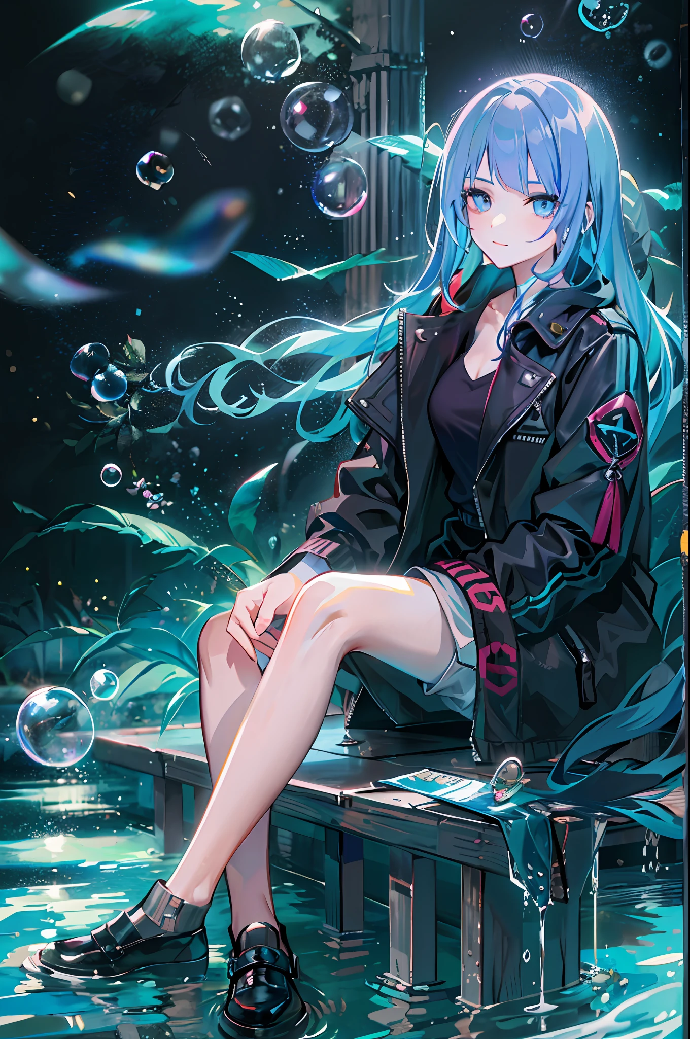 ((top-quality)), ((​masterpiece)), ((ultra-detailliert)), (extremely delicate and beautiful), girl with, 独奏, cold attitude,((Black jacket)),She is very(relax)with  the(Settled down)Looks,A dark-haired, depth of fields,evil smile,Bubble, under the water, Air bubble,bright light blue eyes,Inner color with black hair and light blue tips,Cold background,Bob Hair - Linear Art, shortpants、knee high socks、Camisole inner shirt、I have my hands in my pockets