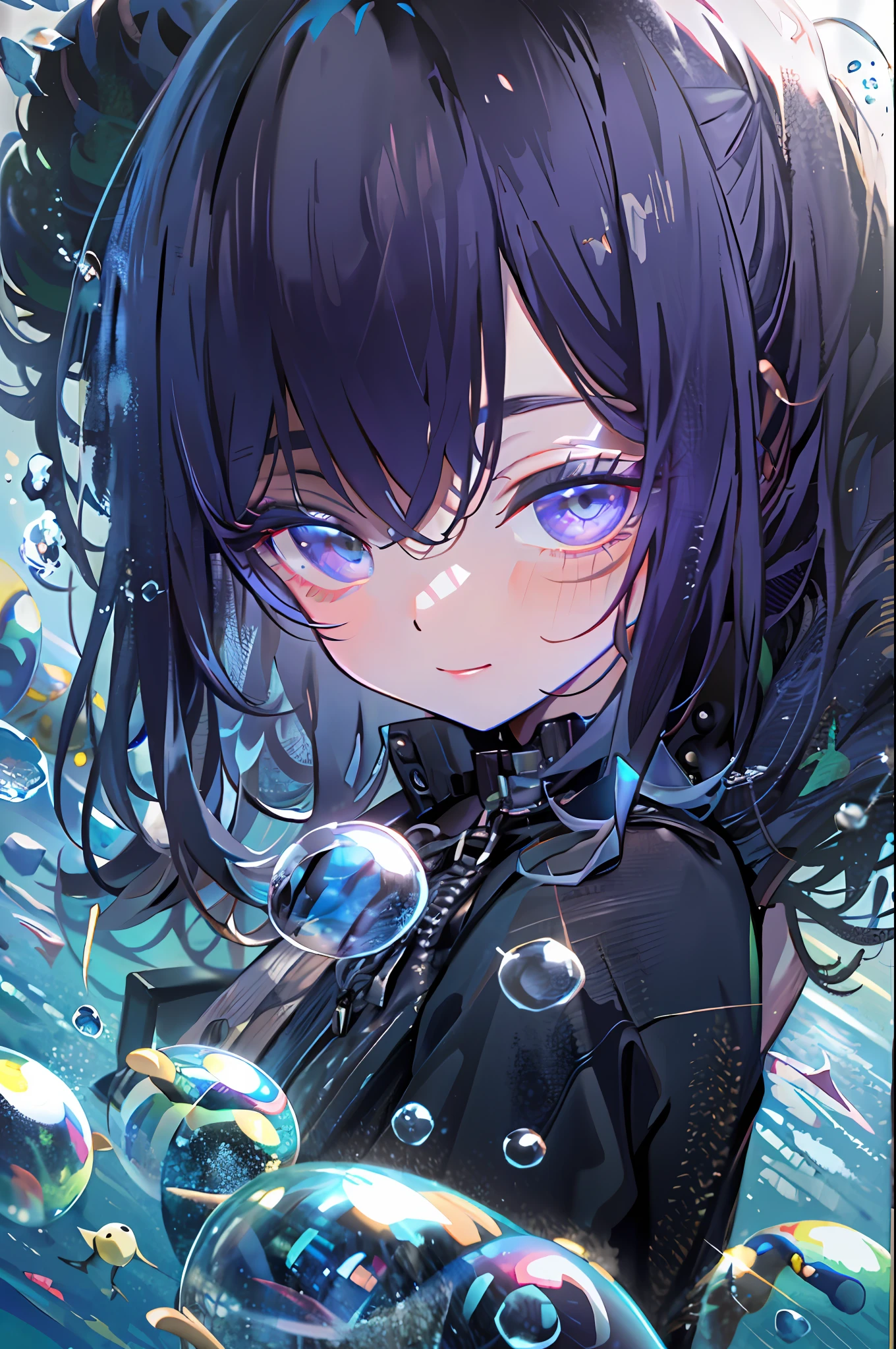 ((top-quality)), ((masterpiece)), ((ultra-detailliert)), (extremely delicate and beautiful), girl with, 独奏, cold attitude,((Black jacket)),She is very(relax)with the(Settled down)Looks,A dark-haired, depth of fields,evil smile,Bubble, under the water, Air bubble,bright light blue eyes,Inner color with black hair and light blue tips,Cold background,Bob Hair - Linear Art, shortpants、knee high socks、Camisole inner shirt、I have my hands in my pockets