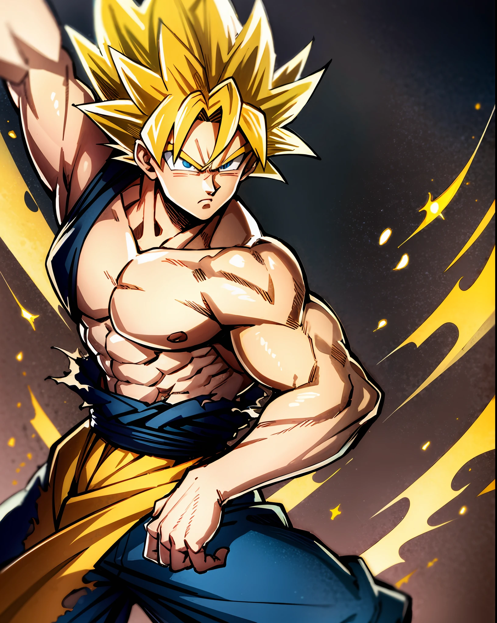 son goku, 1boy, battle damage, muscular, blue eyes, yellow hair, solo, super saiyan, torn clothes, looking straight, very detailed, hd, masterpiece, 8k, professional, symmetrical, (looking at the camera:0.8) in the style of akira toriyama, dragon ball z