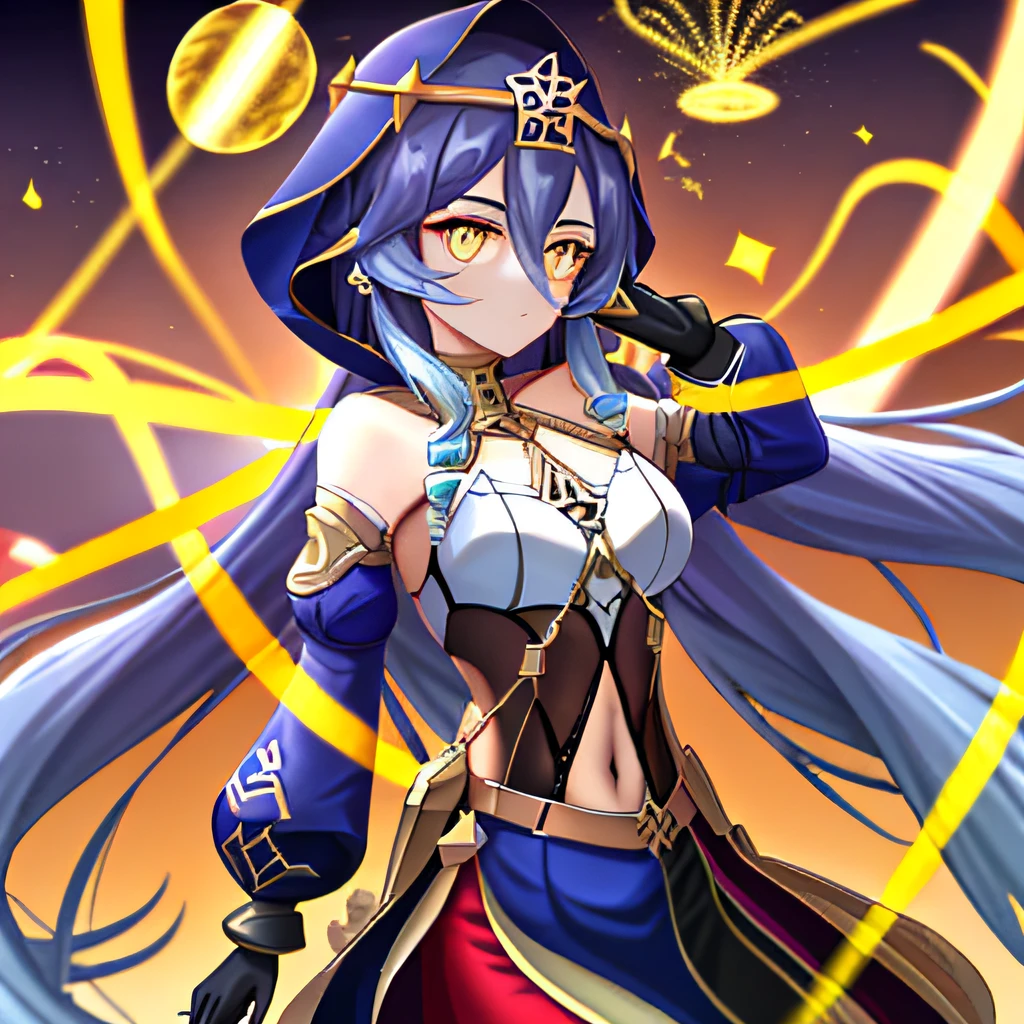 Kizi, Best quality at best, tmasterpiece, Come and pull\(genshin impact\), yellow eyes, glowing light eyes, (extremelydetailed8Kwallpaper),Western beauty,(Red clothes:1.4),There are red spots on the forehead,Pale skin,Blushlush,largeeyes,full bodyesbian,upper legs,Open navel,Gold-tone waist chain,golden ornaments,Flying ribbons,Particle,The background is the ancient city of Loulan, Ancient city walls,A desert,dance, dunhuang_dress, dunhuang_style,