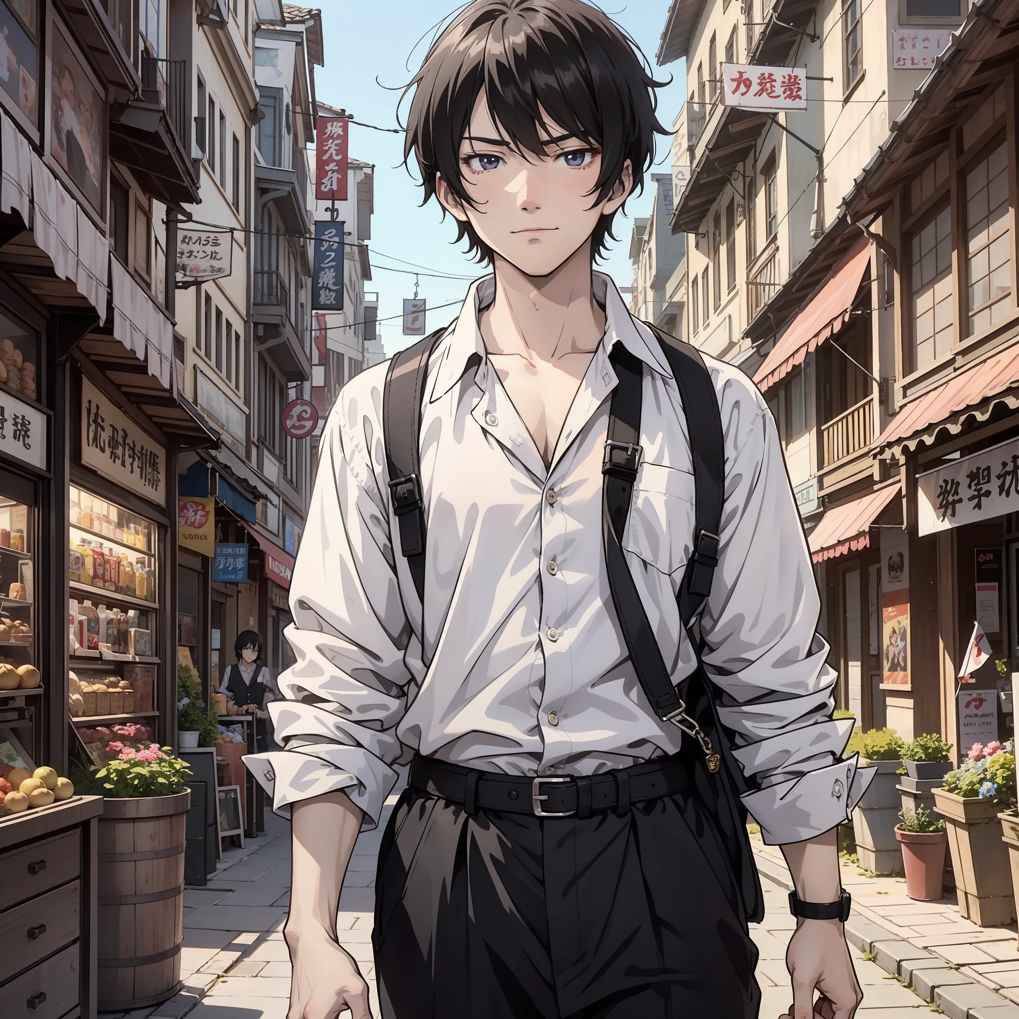 One wearing a white shirt,A 20-year-old man with short black hair stands in front of the bazaar(Frown 1.5)(wry smile 1.5)(The background is the Town Market 1.5)style of anime4 K,Anime rendering,style of anime。8K,Handsome anime face(Full body display 1.5)(Handsome man 1.3)(Cinematic lighting 1.5)(Master masterpieces:1.4)(Ultra-high detail1.5)(Best quality1.5